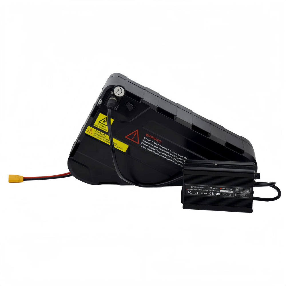 BOOANT 48V 20Ah triangle e-bike battery connected to 54.6V 5A aluminum fast smart charger via 3-pin XLR port with XT60 output cable.