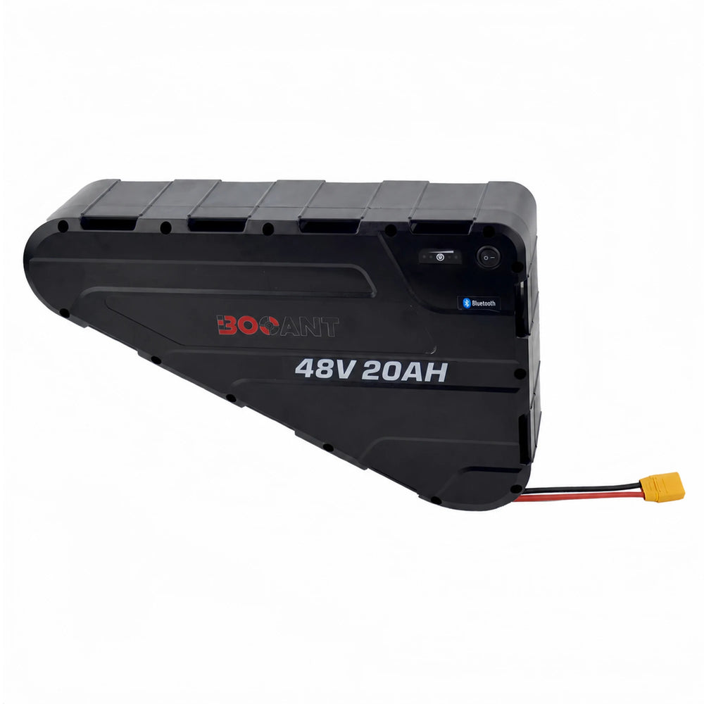 Side profile of BOOANT 48V 20Ah triangle lithium e-bike battery in rigid black ABS hard shell with strap slots, power switch, LED gauge, and XT60 cable.