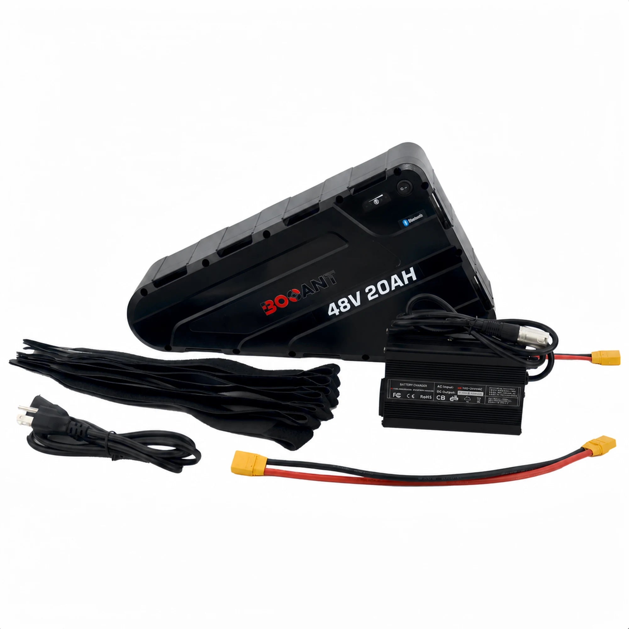 Full package contents of BOOANT 48V 20Ah triangle e-bike battery kit including ABS battery pack, 54.6V 5A fast charger, AC power cord, frame mounting straps, and XT60 extension cable.