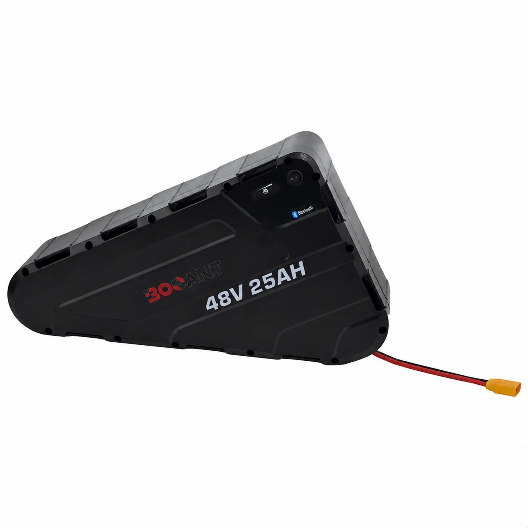 BOOANT 48V 25Ah triangle ebike battery pack in durable ABS hard case featuring side branding, power switch, LED gauge, Bluetooth indicator, and XT90 discharge cable.
