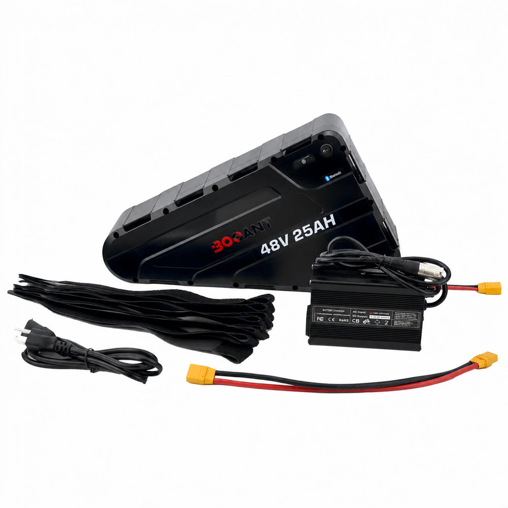 BOOANT 48V 25Ah triangle ebike battery full kit including ABS hard pack, 54.6V 5A aluminum fast charger, AC power cord, XT90 extension cable, and mounting straps.