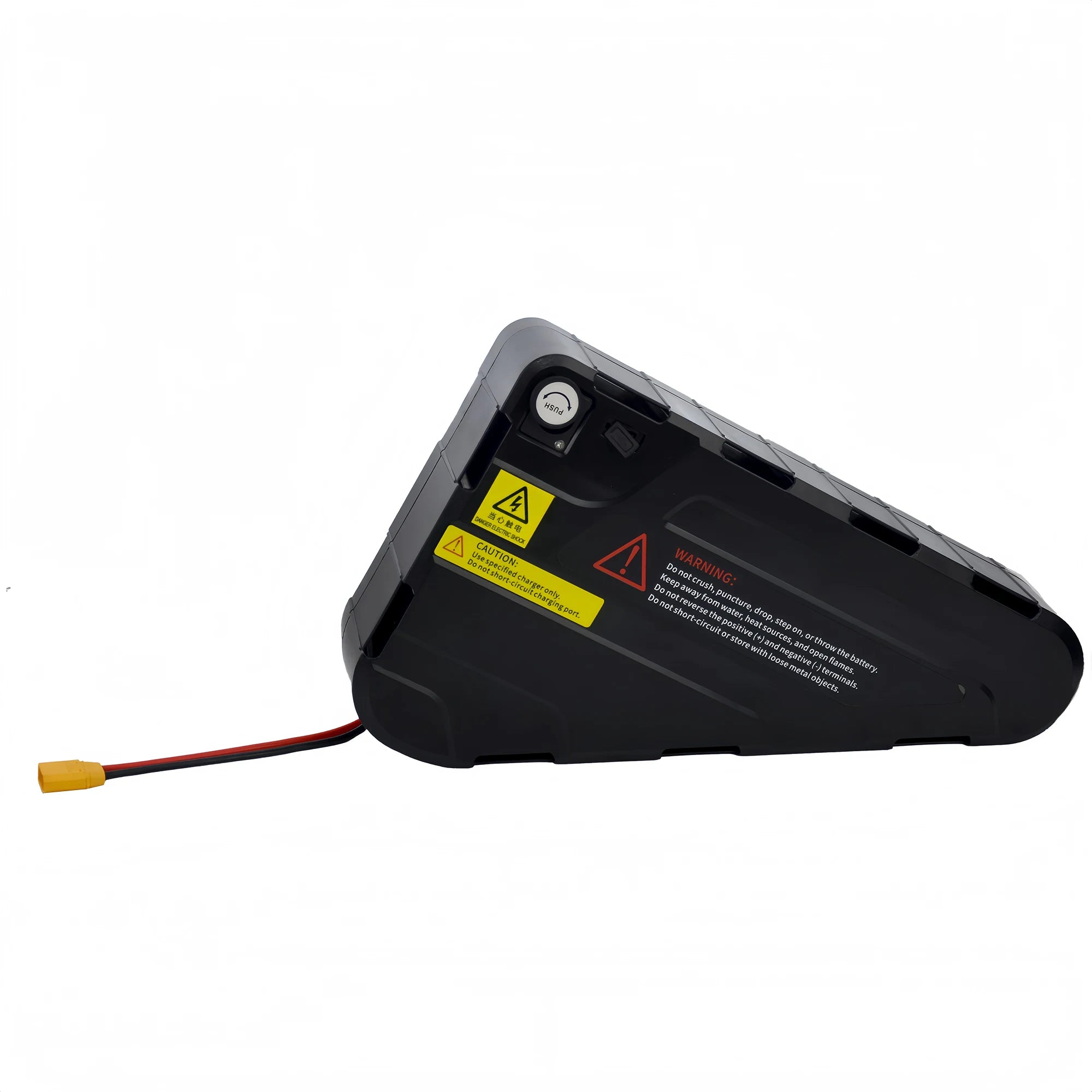 BOOANT 48V 25Ah triangle ebike battery pack rear side view featuring waterproof 3-pin charging port, USB output, safety warning labels, and XT90 discharge connector.