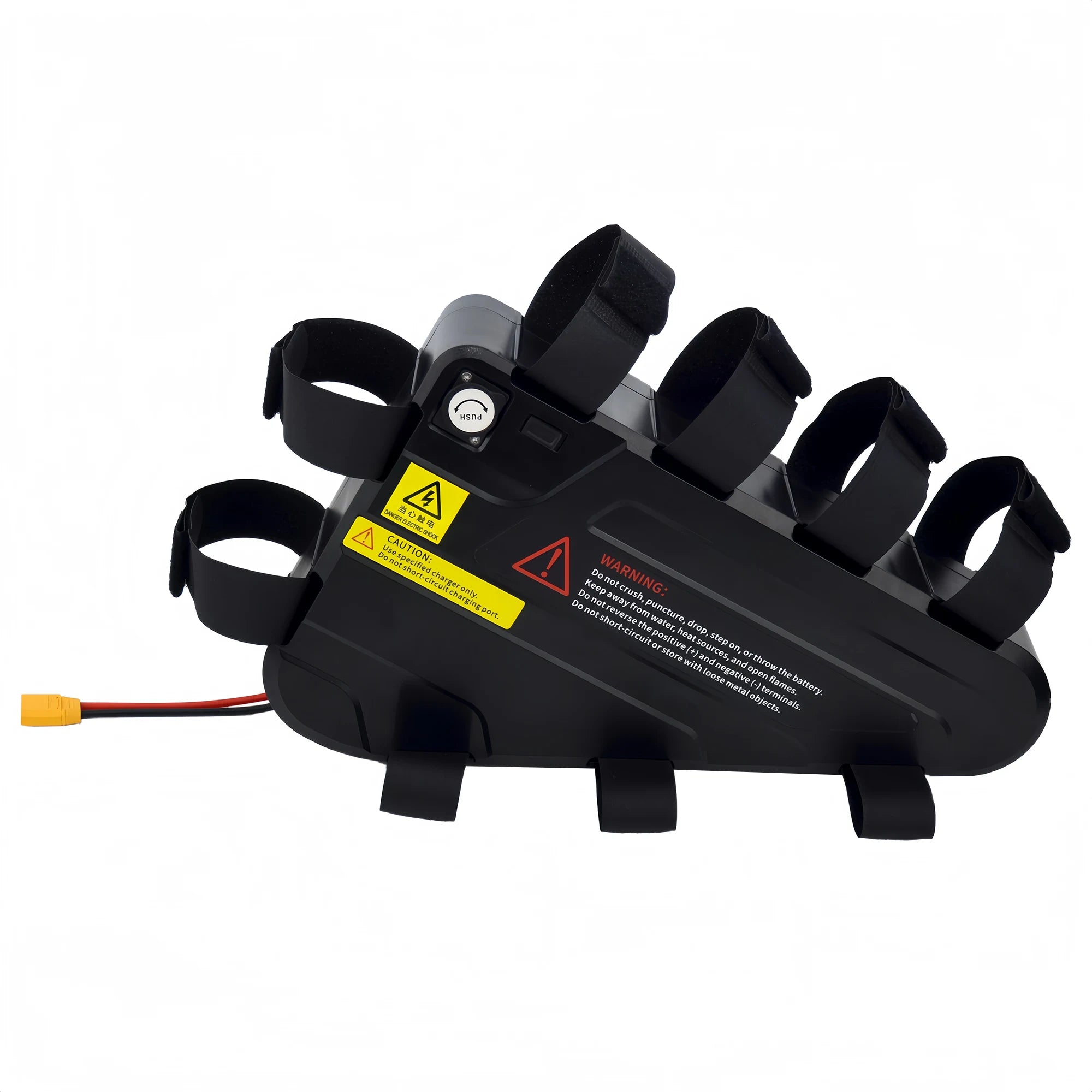 BOOANT 48V 25Ah triangle ebike battery pack back-angle perspective showcasing heavy-duty frame velcro straps, charging port, USB output, and safety warning labels.