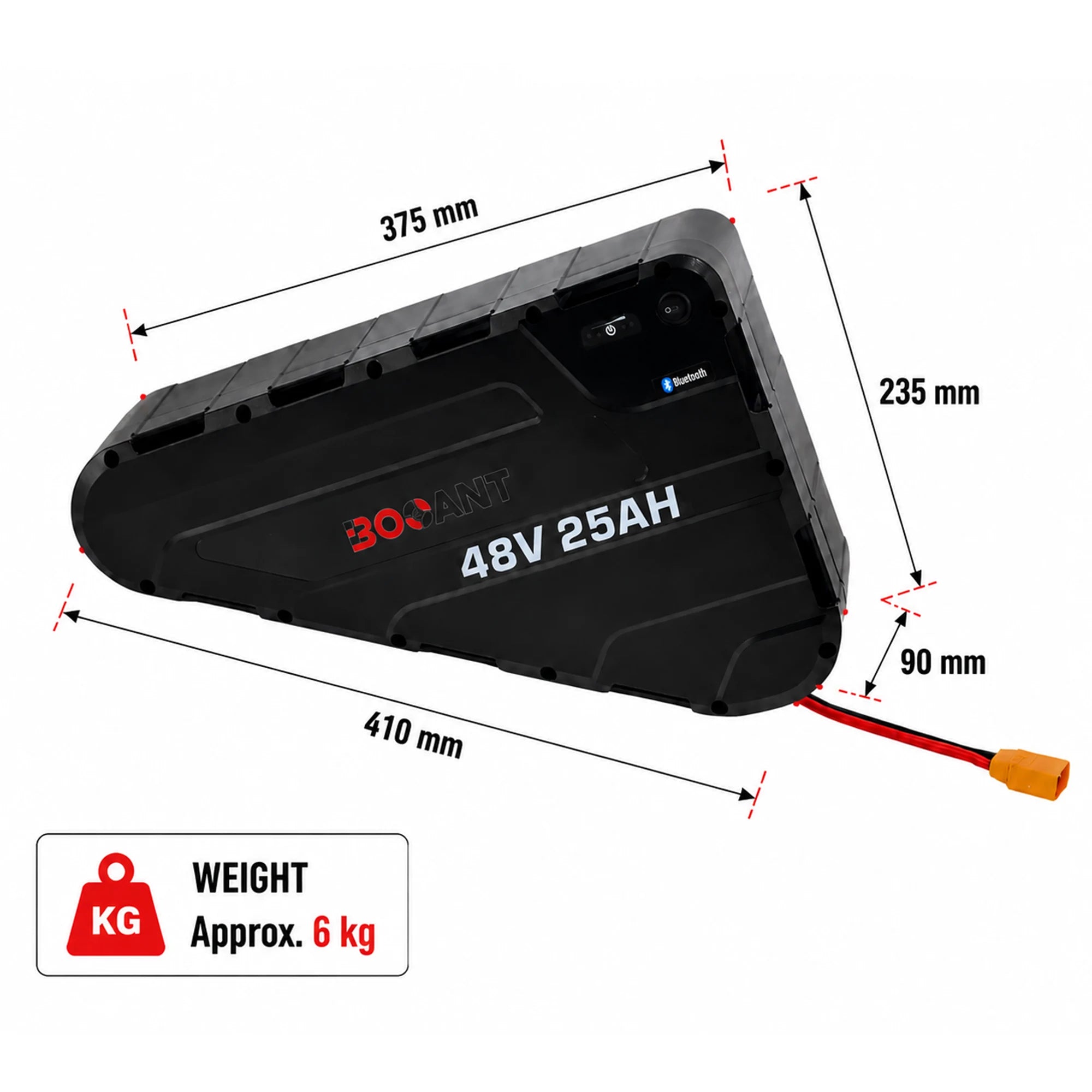 BOOANT 48V 25Ah triangle ebike lithium battery pack featuring Samsung 21700 cells, smart Bluetooth BMS, and durable ABS hard shell enclosure with dimensions and weight.