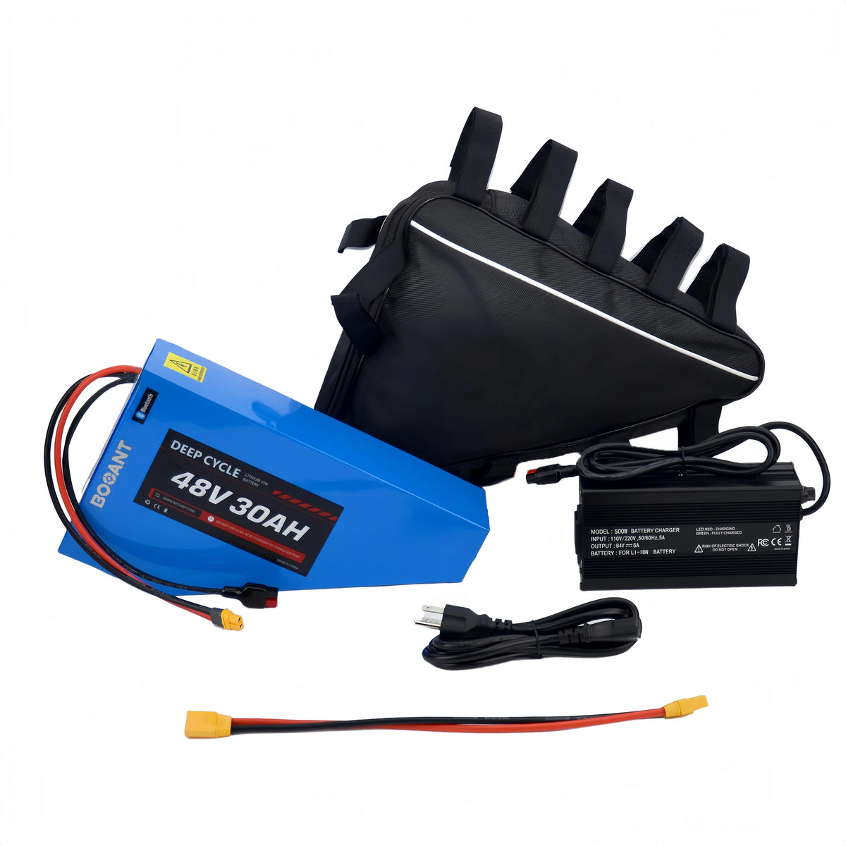 BOOANT 48V 30Ah triangle e-bike battery complete kit, including custom triangle frame bag, 54.6V 5A fast charger, AC power cable, and XT90 extension harness.