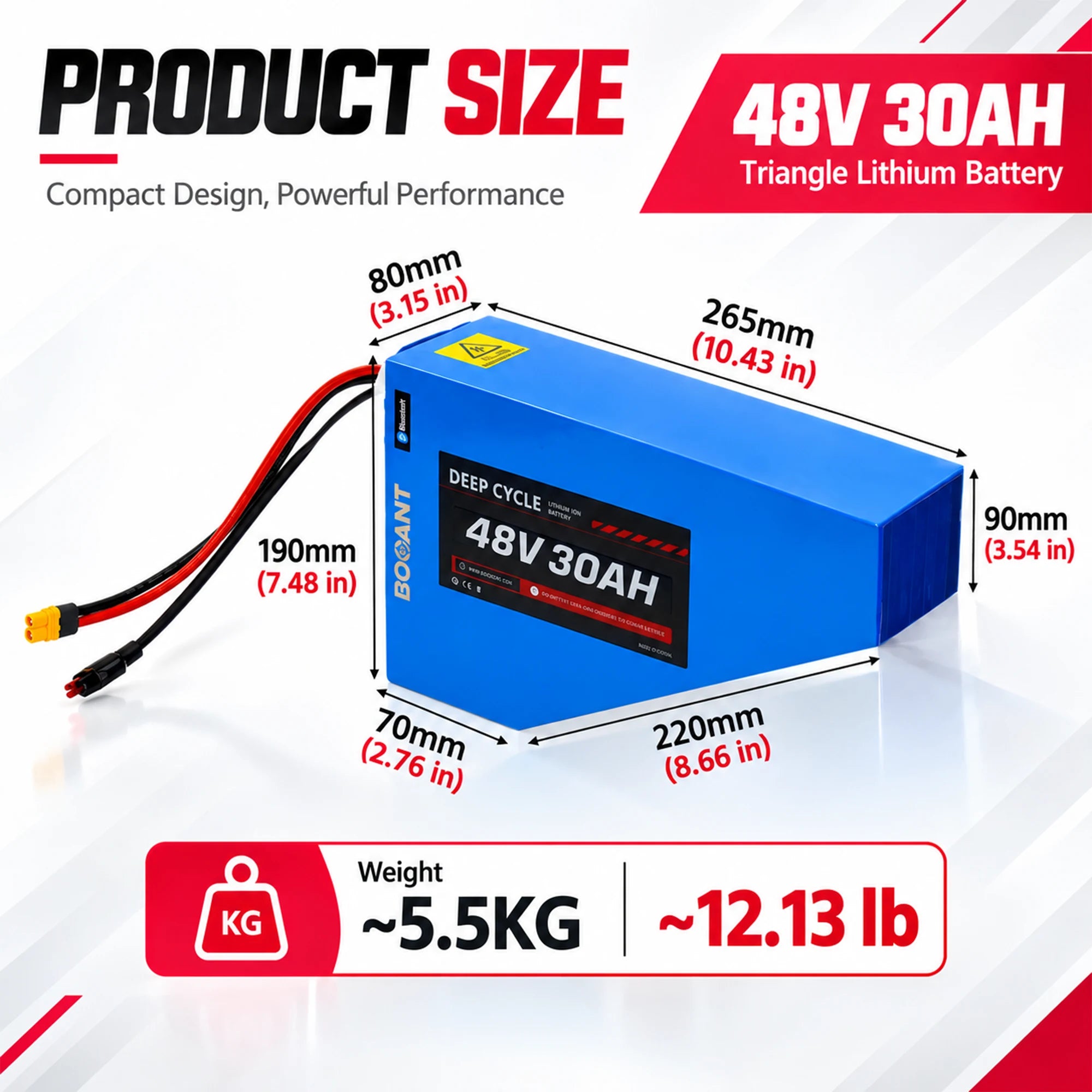 BOOANT 48V 30Ah triangle e-bike battery dimensions and weight diagram, showing frame geometry 265x220x190mm (10.43"x8.66"x7.48") and weight 5.5kg (12.13 lbs).
