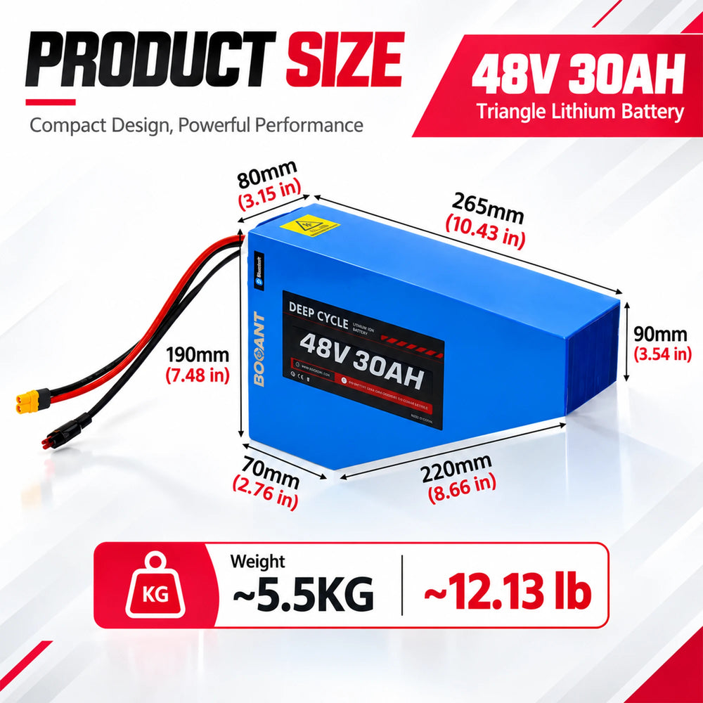 BOOANT 48V 30Ah triangle e-bike battery dimensions and weight diagram, showing frame geometry 265x220x190mm (10.43"x8.66"x7.48") and weight 5.5kg (12.13 lbs).