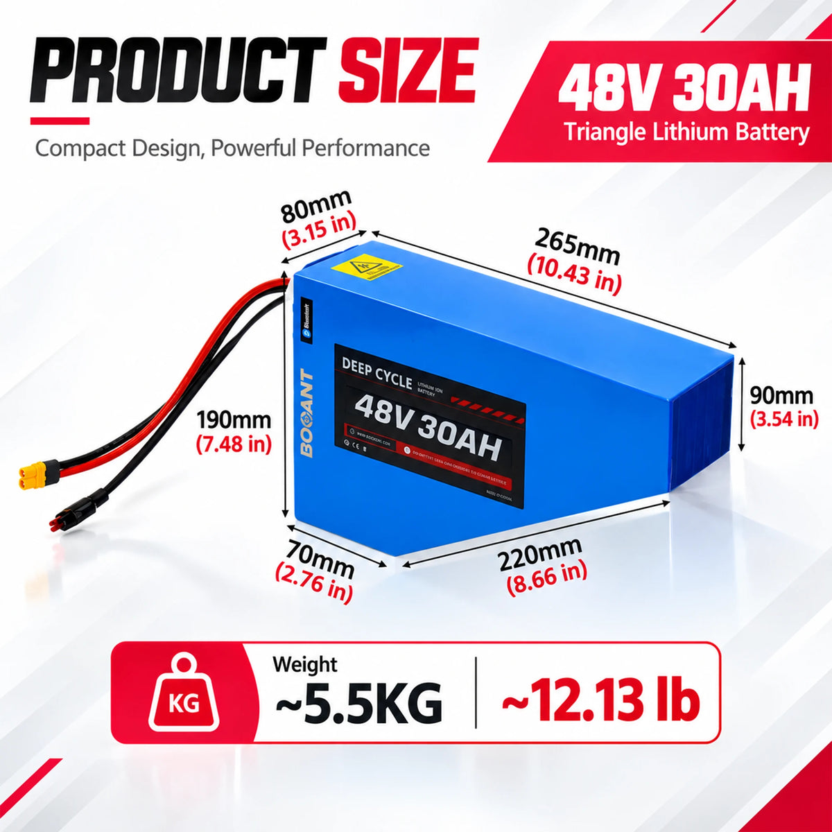 BOOANT 48V 30Ah triangle e-bike battery dimensions and weight diagram, showing frame geometry 265x220x190mm (10.43"x8.66"x7.48") and weight 5.5kg (12.13 lbs).