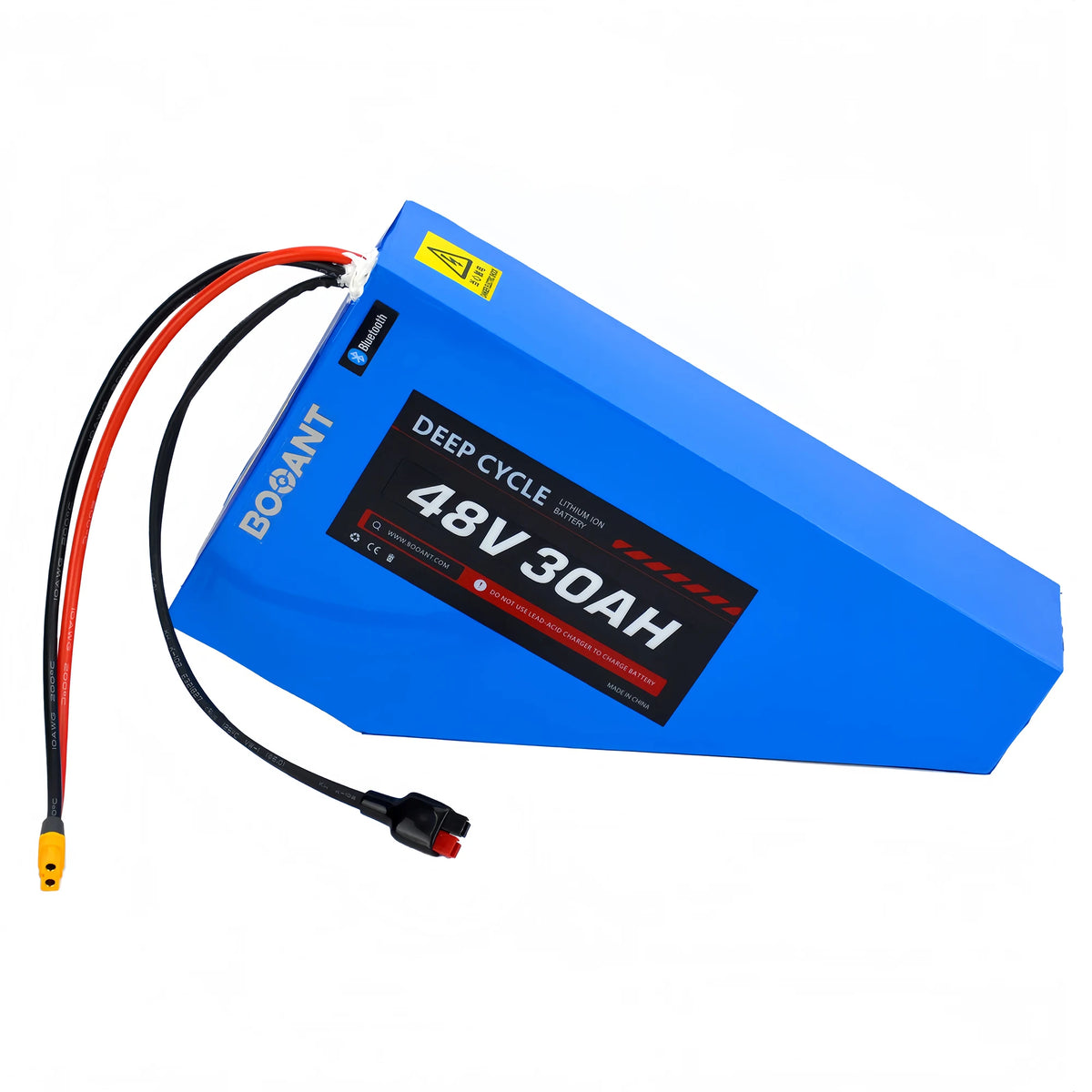 BOOANT 48V 30Ah triangle lithium e-bike battery pack featuring genuine Samsung 21700 cells, smart JBD Bluetooth BMS, and pre-soldered XT90 discharge connector, front angle view.