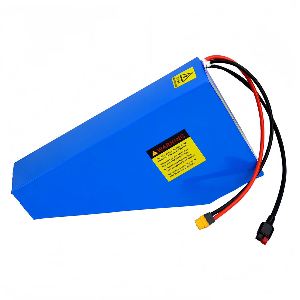 BOOANT 48V 30Ah triangle e-bike battery pack rear side view, highlighting safety warning label, waterproof wire exit seal, and durable blue PVC casing.