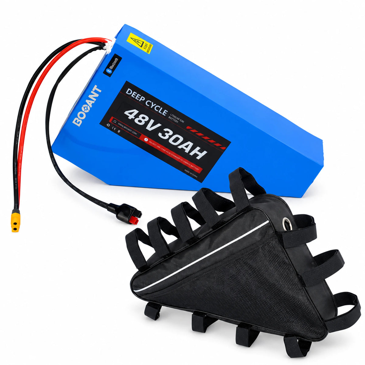 BOOANT 48V 30Ah triangle e-bike battery pack built with Samsung 21700 cells and smart JBD Bluetooth BMS, shown with matching triangle frame bag.