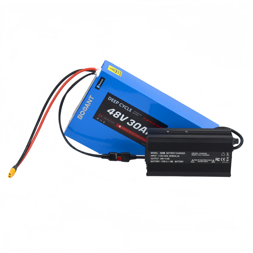 BOOANT 48V 30Ah triangle lithium e-bike battery connected to heavy-duty 54.6V 5A aluminum fast charger with dual-fuse safety protection.