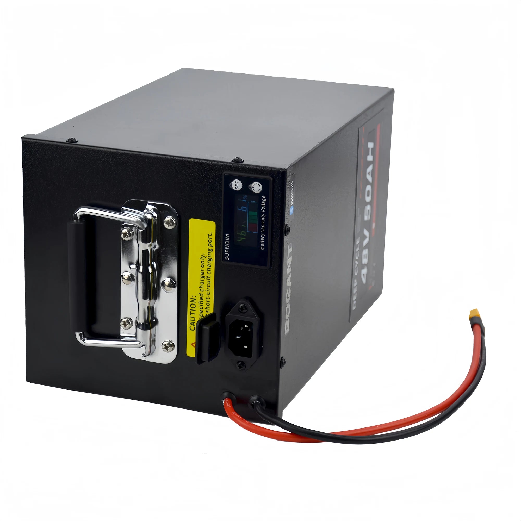 Close-up of the BOOANT 48V 50Ah battery top panel: SUPNOVA color LCD meter, folding carry handle, power switch and charge port