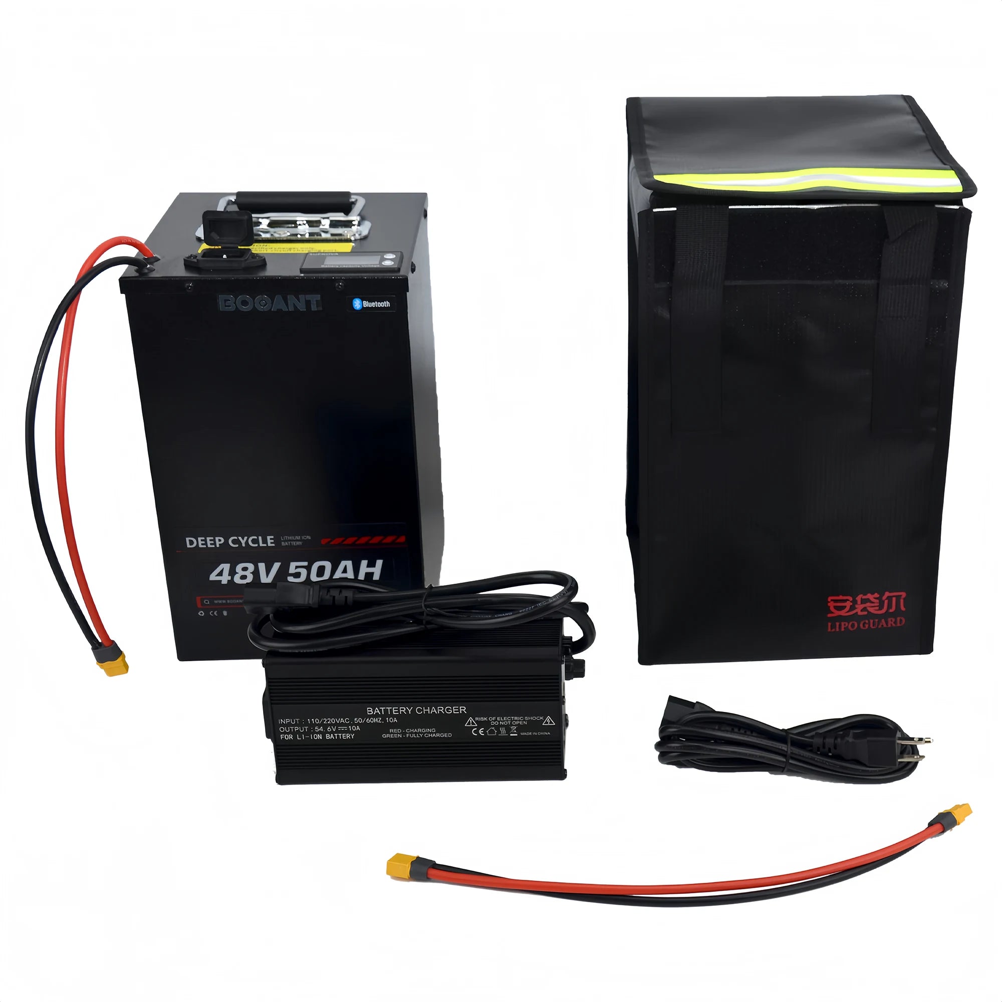 Complete BOOANT 48V 50Ah battery kit in the box: metal case battery pack, 54.6V 10A charger, Lipo Guard fireproof safety bag, power cord and connector leads