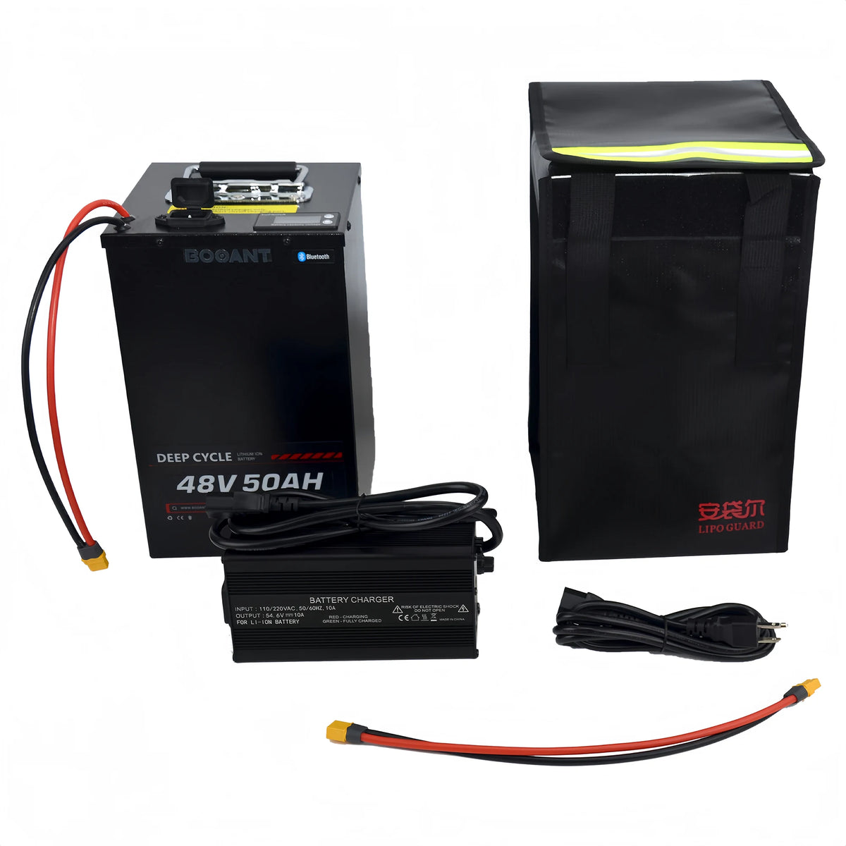 Complete BOOANT 48V 50Ah battery kit in the box: metal case battery pack, 54.6V 10A charger, Lipo Guard fireproof safety bag, power cord and connector leads