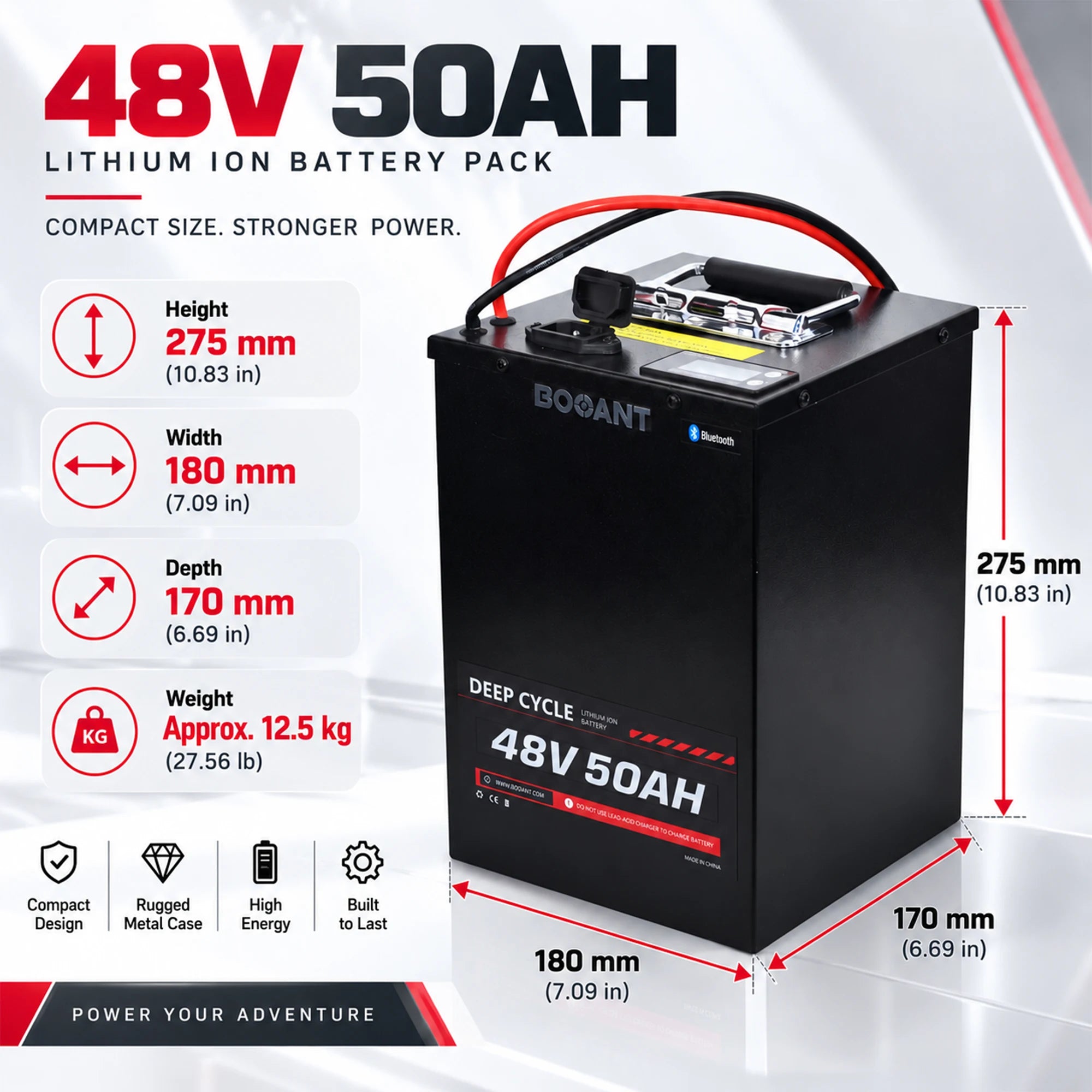 BOOANT 48V 50Ah metal case battery dimensions diagram: 275 x 180 x 170 mm (10.83 x 7.09 x 6.69 in), approx. 12.5 kg (27.56 lb)