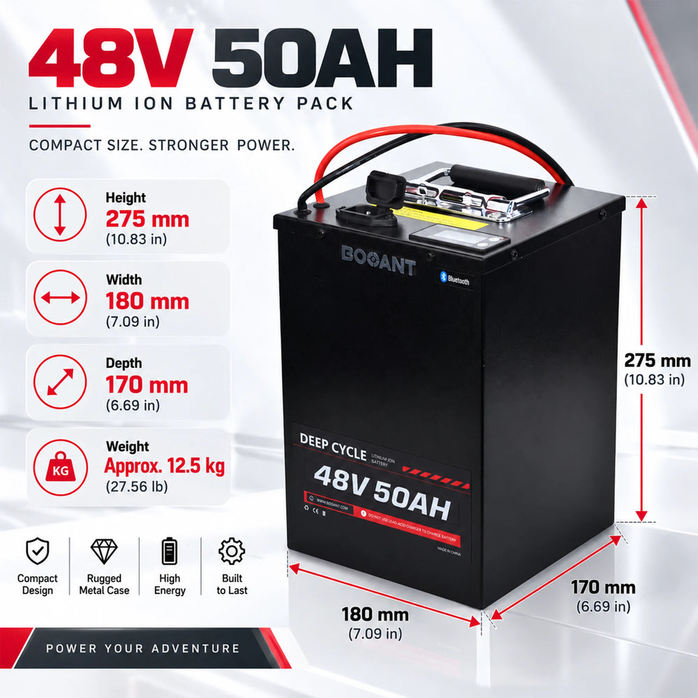 BOOANT 48V 50Ah metal case battery dimensions diagram: 275 x 180 x 170 mm (10.83 x 7.09 x 6.69 in), approx. 12.5 kg (27.56 lb)
