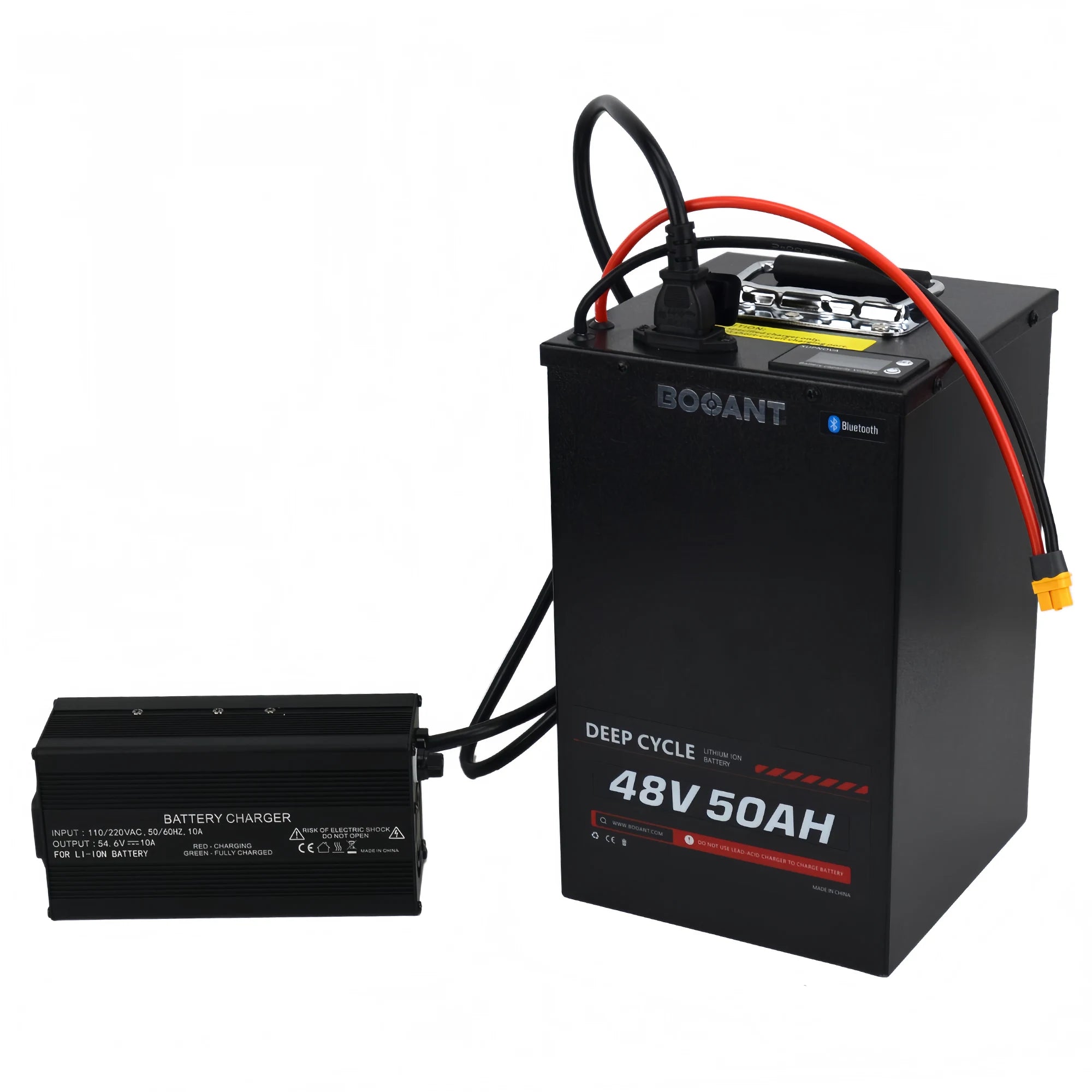 BOOANT 48V 50Ah metal case eBike battery shown with its included 54.6V 10A charger connected
