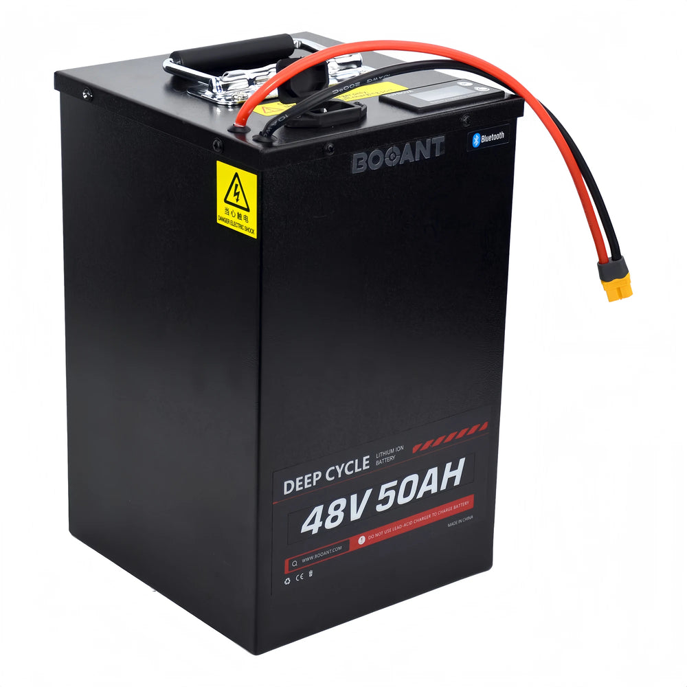 BOOANT 48V 50Ah metal case eBike battery with Samsung 50G cells, top carry handle, color LCD display and XT 60 discharge leads