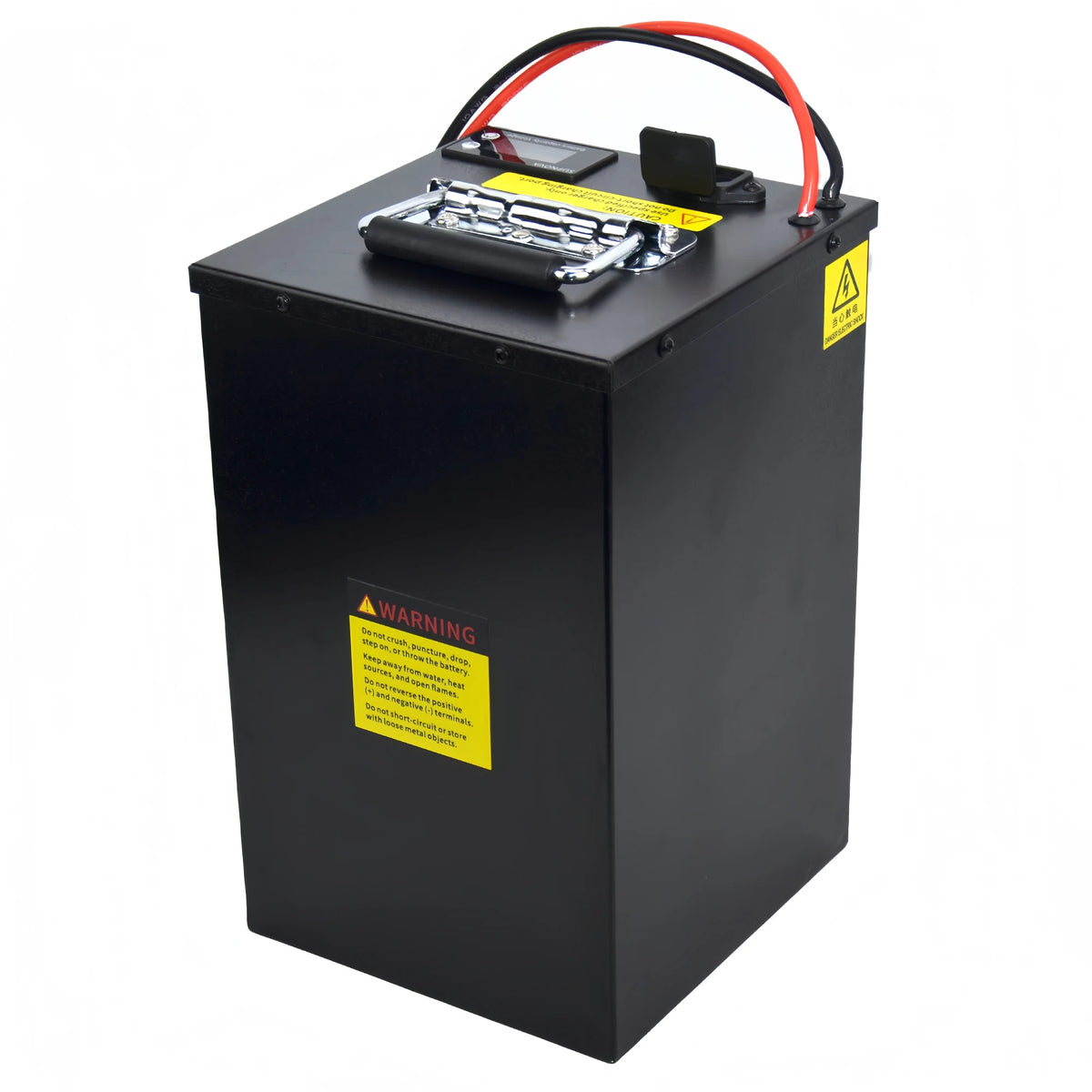 BOOANT 48V 50Ah metal case eBike battery top and rear view with folding carry handle, LCD meter and red and black discharge leads