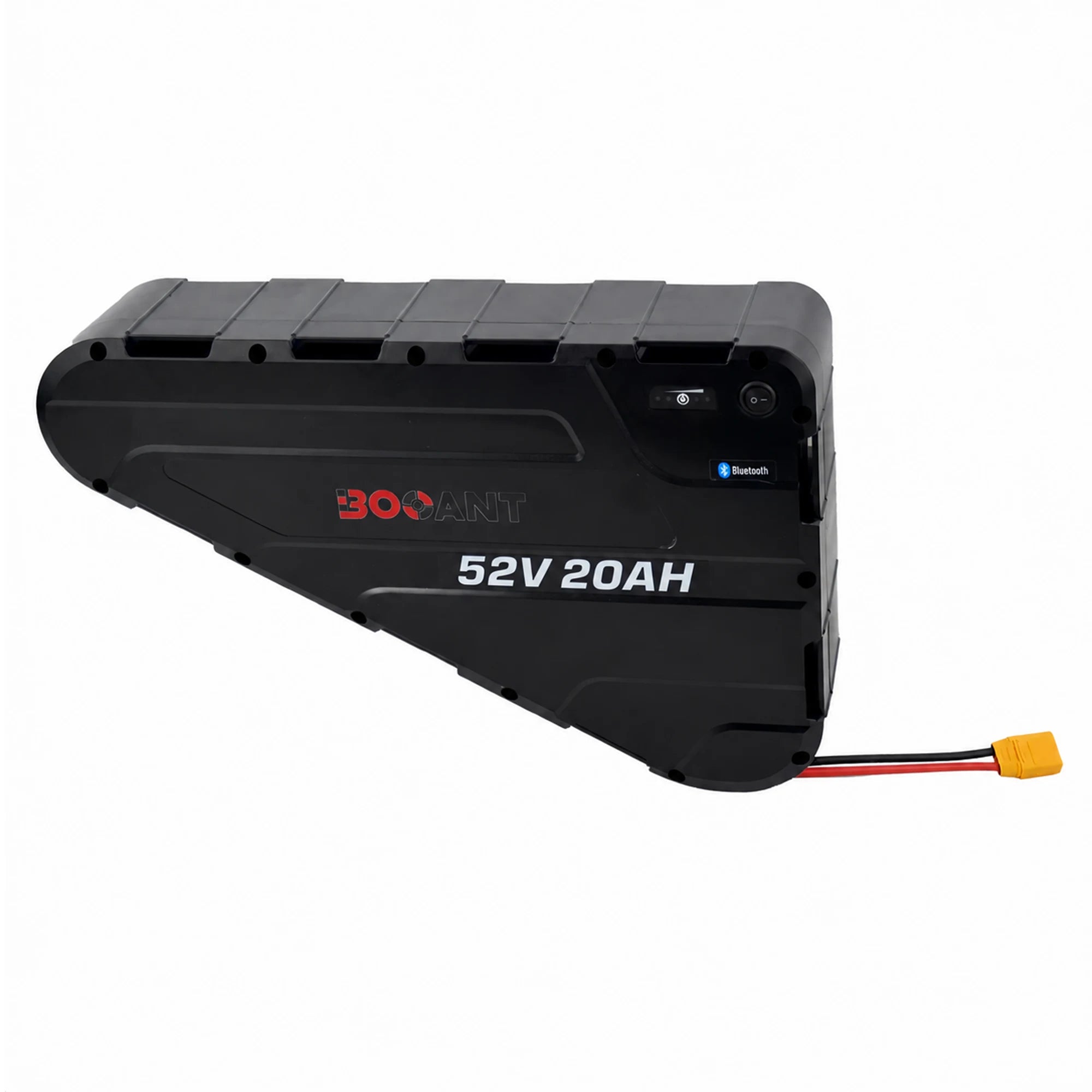 Side profile of BOOANT 52V 20Ah triangle e-bike battery without straps, highlighting the rugged ABS molded casing, push-button LED fuel gauge, power on/off rocker switch, Bluetooth badge, and heavy-duty discharge cable.