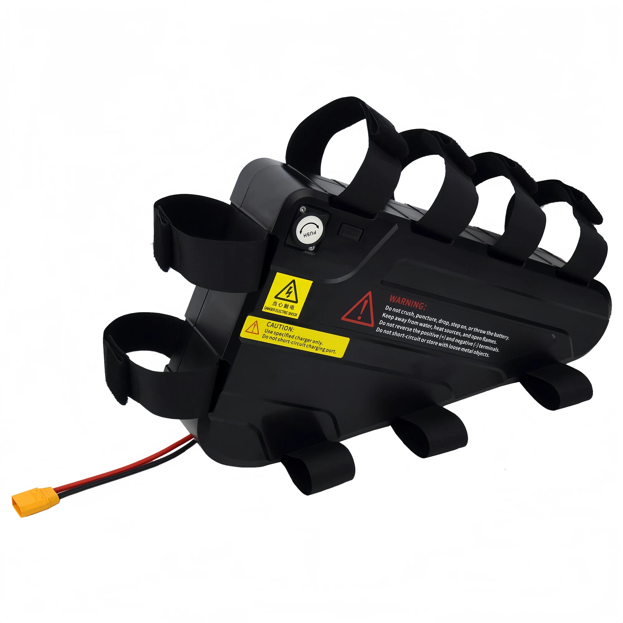 Side view of BOOANT 52V 20Ah triangle e-bike battery showing 3-pin XLR charging port with waterproof dust cap, USB output, heavy-duty frame fastening straps, XT90 power connector, and safety warning labels.