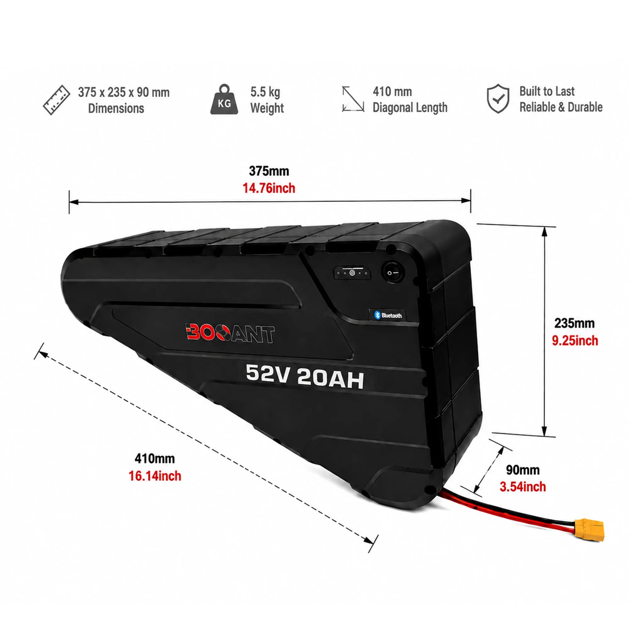 Dimensions and weight chart for BOOANT 52V 20Ah triangle e-bike battery: length 375mm (14.76 in), height 235mm (9.25 in), hypotenuse 410mm (16.14 in), width 90mm (3.54 in), weighing approx 5.5kg.