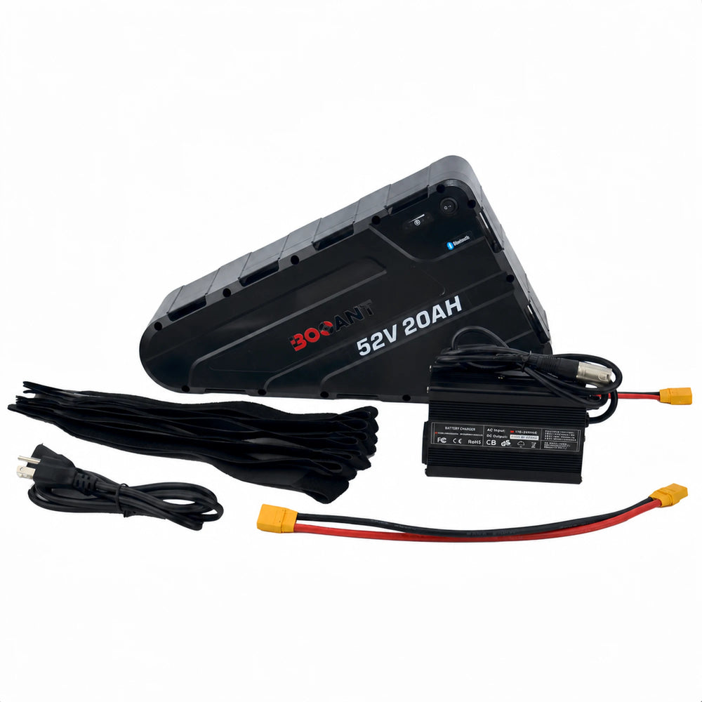 Complete kit of BOOANT 52V 20Ah triangle e-bike battery package, including 58.8V 5A aluminum fast charger, AC power cord, heavy-duty frame mounting straps, and XT90 discharge extension cable.