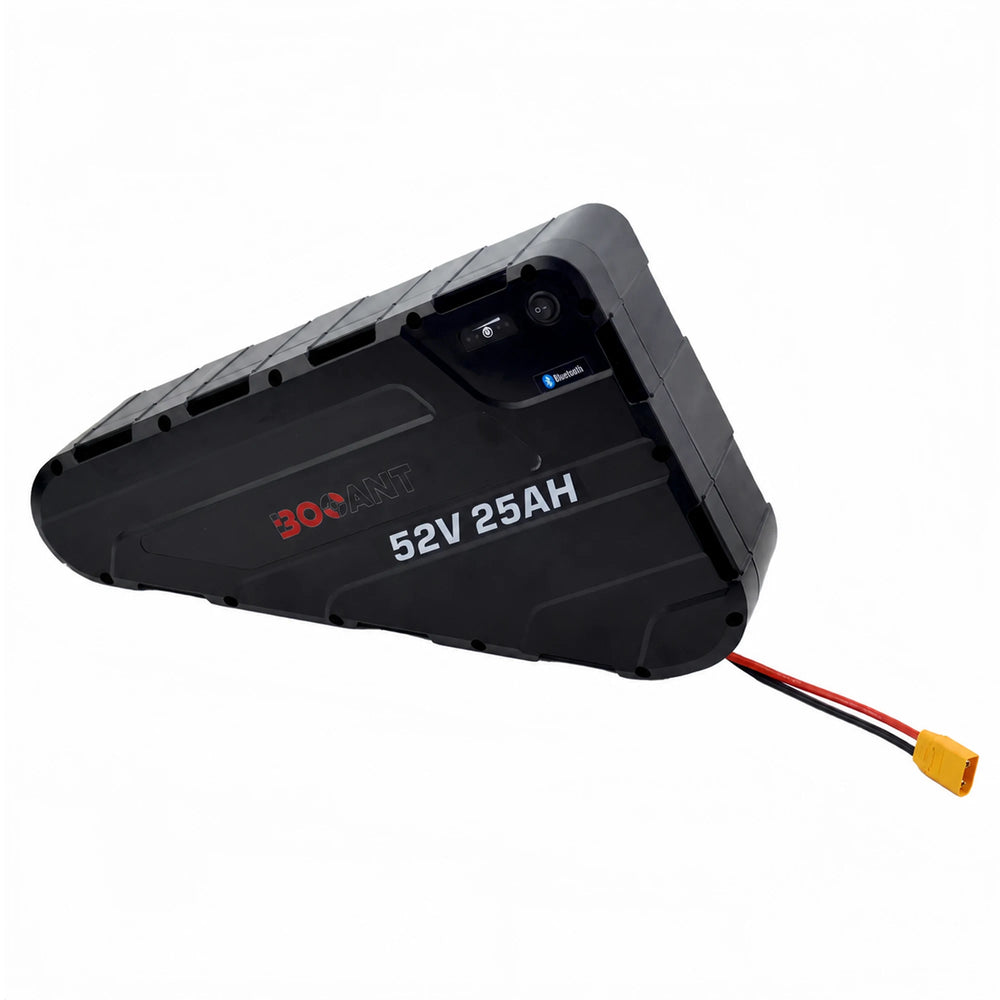 BOOANT 52V 25Ah ABS triangle eBike battery pack perspective top view showing rugged case design, LED battery gauge, power switch, and XT90 discharge wire