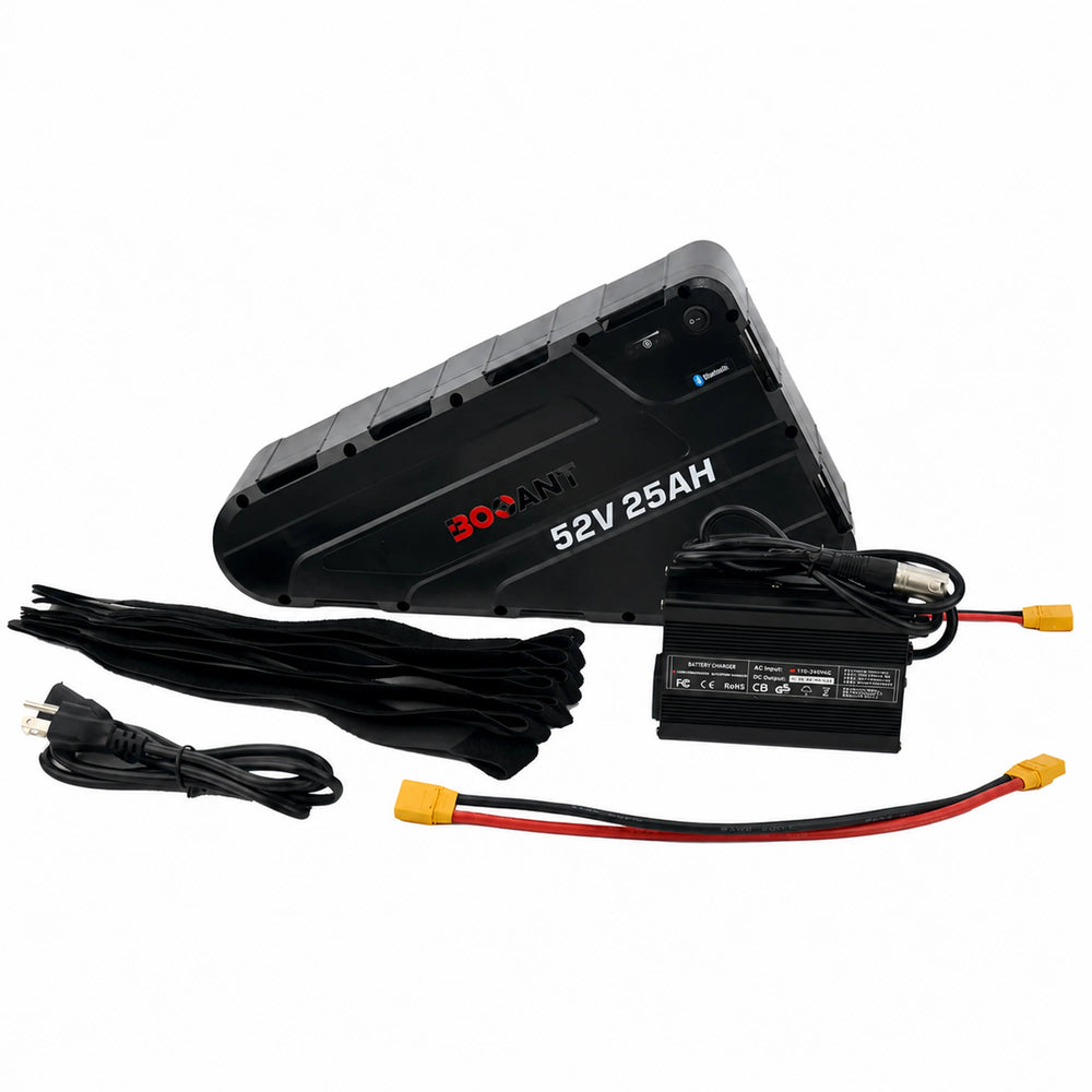 BOOANT 52V 25Ah triangle eBike battery complete kit showing ABS battery pack, 58.8V 5A fast charger, US AC power cord, XT90 extension cable, and mounting straps