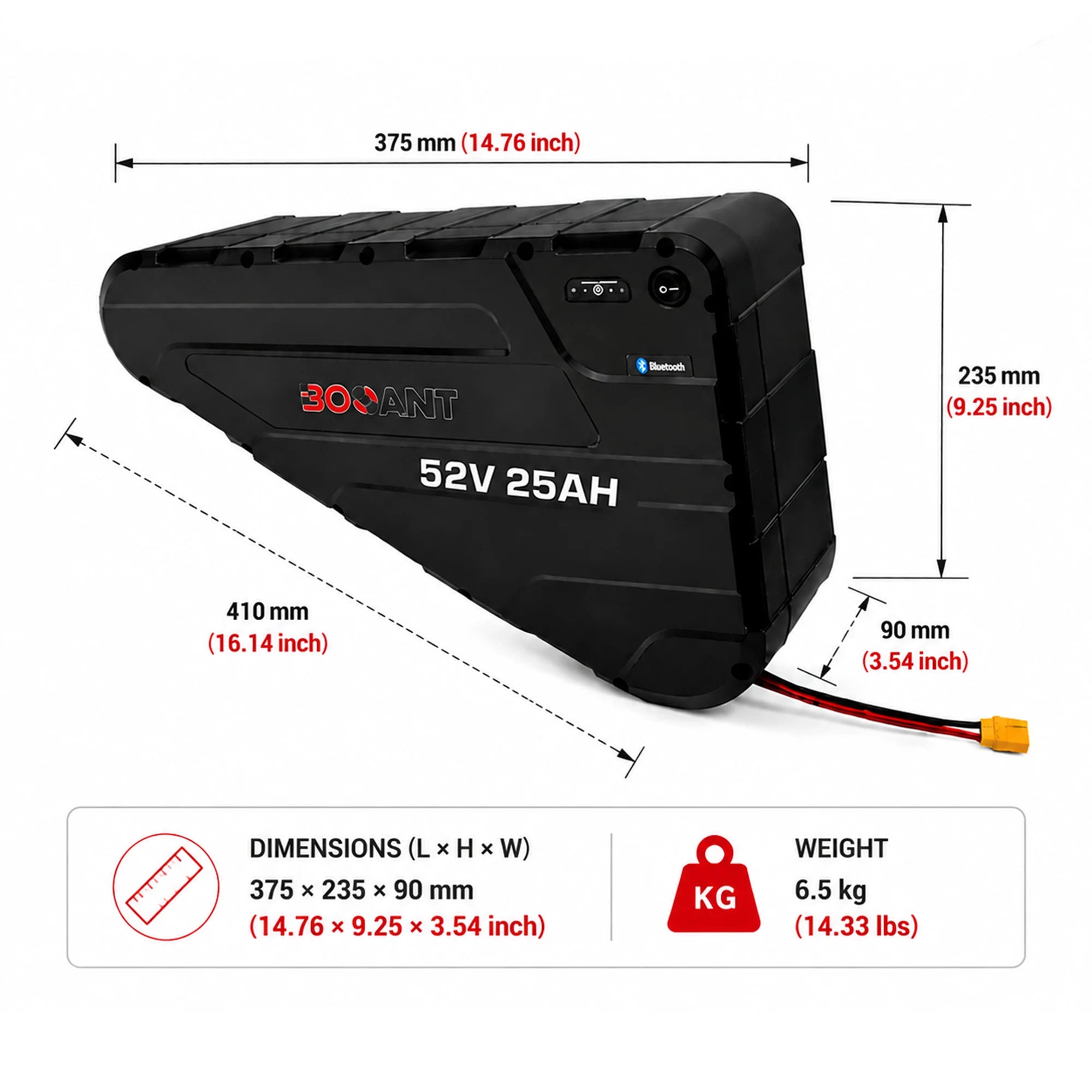 BOOANT 52V 25Ah triangle eBike battery dimensions diagram showing 375mm length, 235mm height, 410mm diagonal, 90mm thickness, and 6.5kg weight