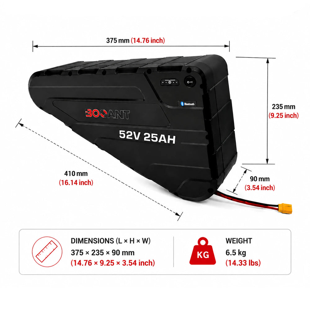 BOOANT 52V 25Ah triangle eBike battery dimensions diagram showing 375mm length, 235mm height, 410mm diagonal, 90mm thickness, and 6.5kg weight
