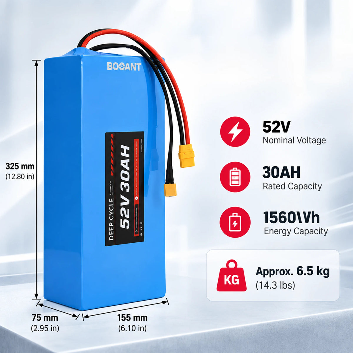 Dimension and weight specifications chart for BOOANT 52V 30Ah 1560Wh lithium e-bike battery pack, showing 325 x 155 x 75 mm (12.80 x 6.10 x 2.95 in) measurements and approx. 6.5 kg (14.3 lbs) weight.