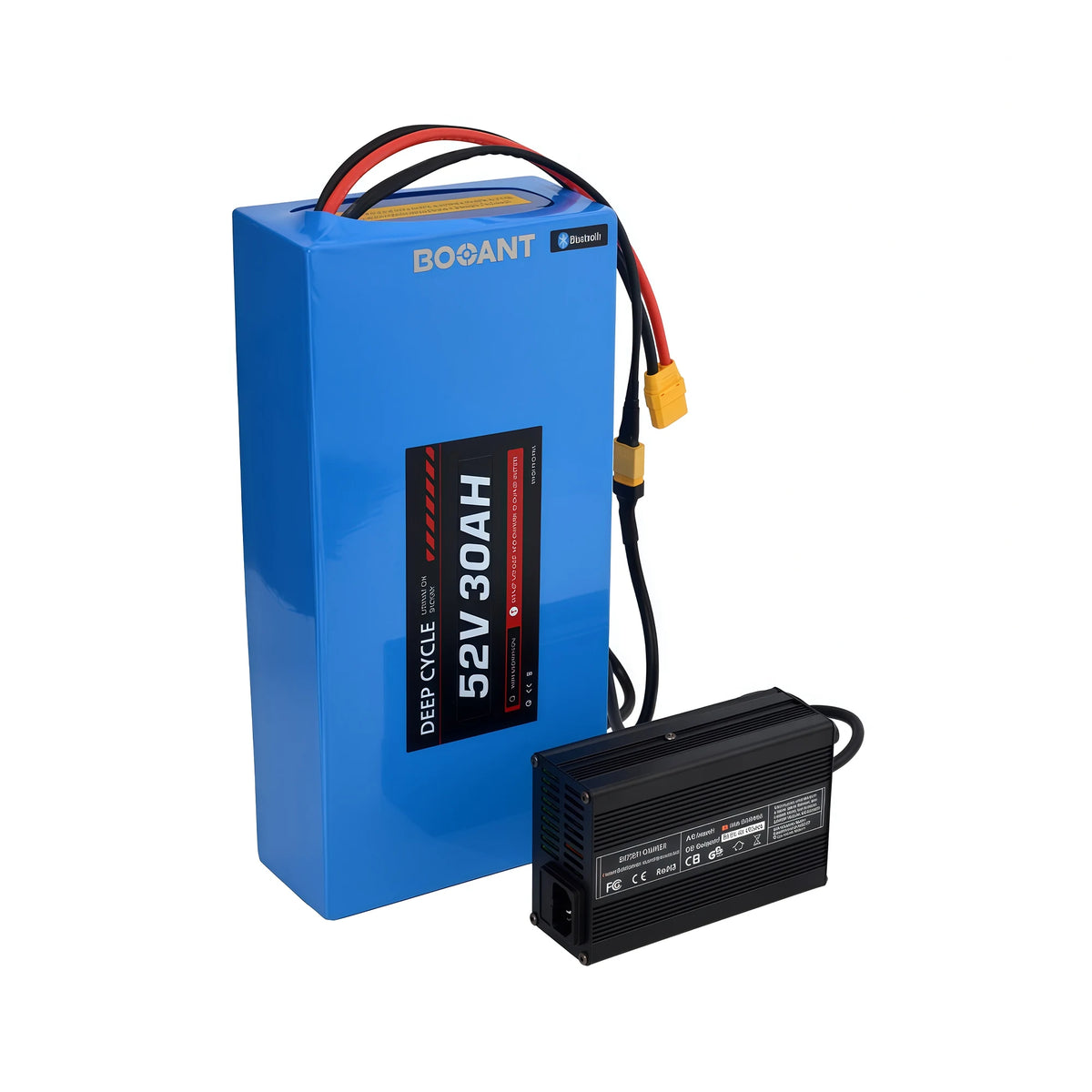 BOOANT 52V 30Ah Samsung 21700 lithium e-bike battery pack shown with included 58.8V 5A aluminum fast smart charger, JBD Bluetooth BMS, and heavy-duty XT90 power connectors.