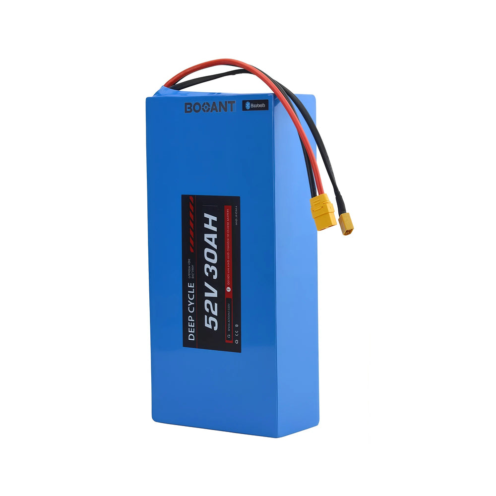 BOOANT 52V 30Ah lithium-ion e-bike battery pack built with genuine Samsung 21700 50G cells, smart JBD Bluetooth BMS, blue PVC heat shrink casing, and heavy-duty XT90 discharge connectors.