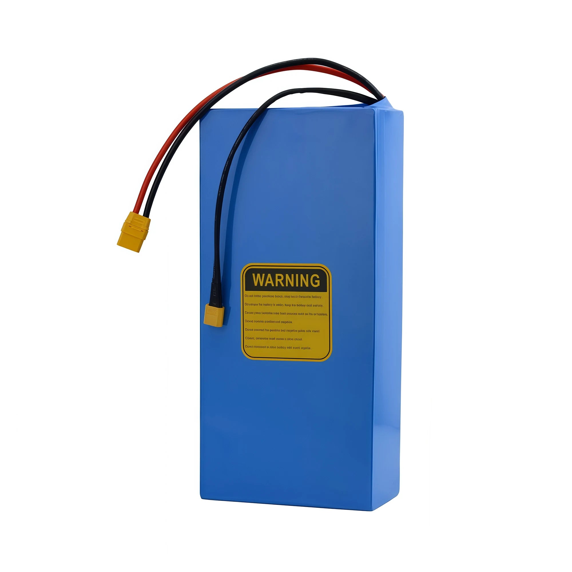 Back view of BOOANT 52V 30Ah Samsung 21700 lithium e-bike battery pack showing the yellow safety warning label, durable blue PVC shrink casing, and heavy-duty silicone power output cables with yellow XT connectors.