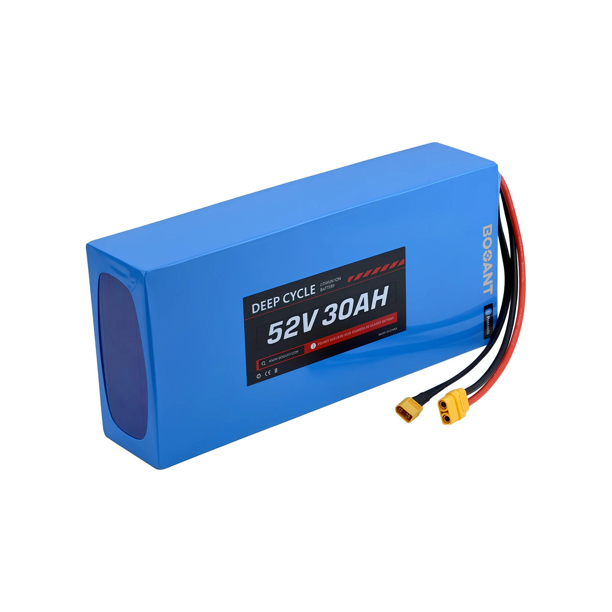Horizontal side angle view of BOOANT 52V 30Ah deep cycle lithium e-bike battery pack showing durable blue PVC wrapping, genuine Samsung 21700 cell construction, integrated JBD Bluetooth module, and yellow XT90 discharge connectors.
