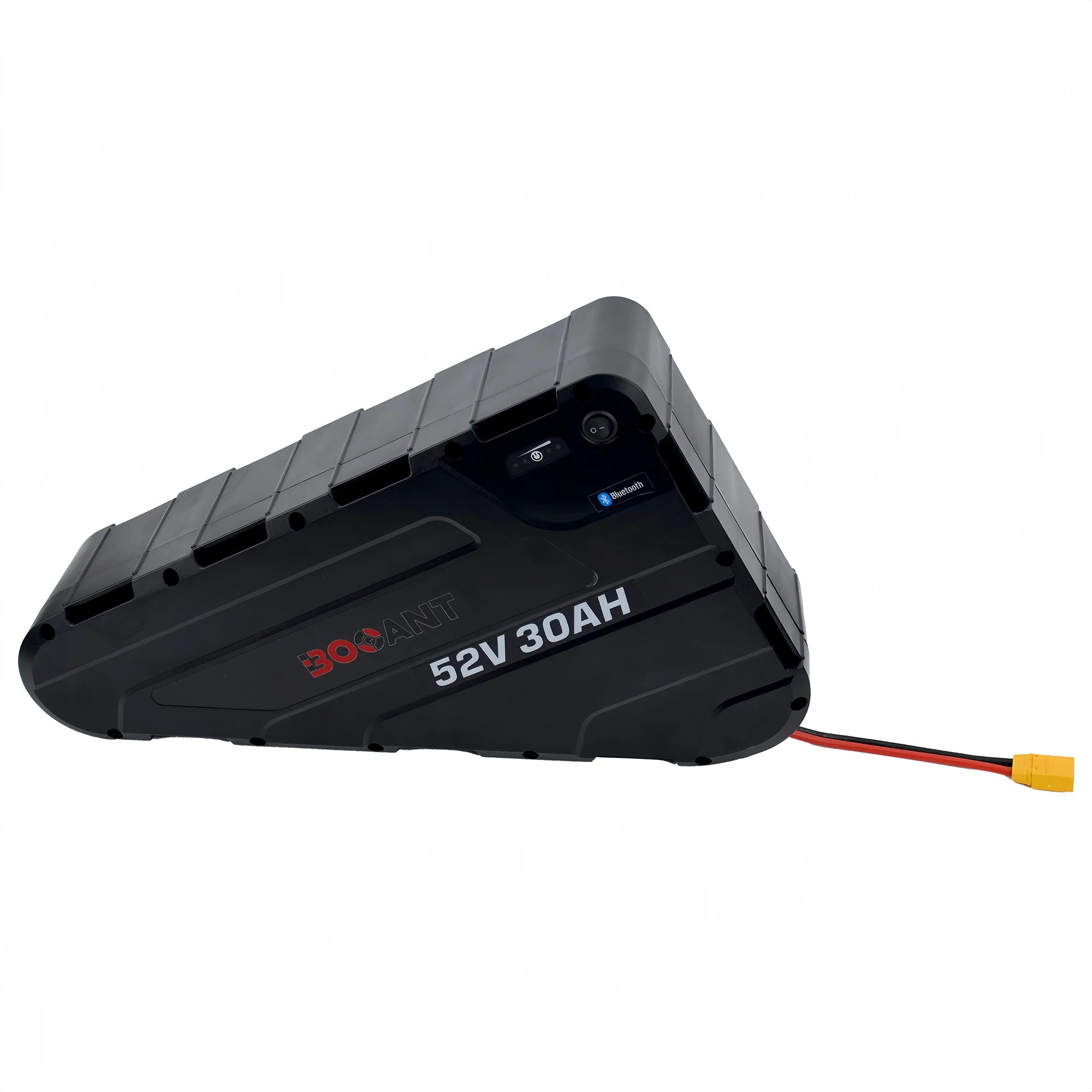 BOOANT 52V 30Ah ABS triangle eBike battery pack 3D perspective angle showing rugged hardcase top ribs, strap routing channels, integrated LED fuel gauge, power switch, and XT90 discharge cable