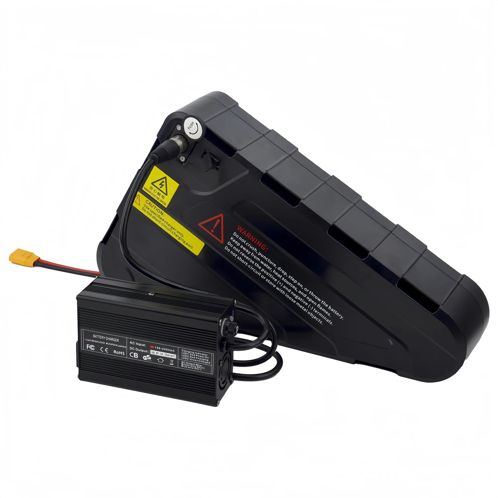 BOOANT 52V 30Ah ABS triangle eBike battery pack connected to 58.8V 5A fast charger via XLR charging port showing safety warning labels and XT90 discharge cable