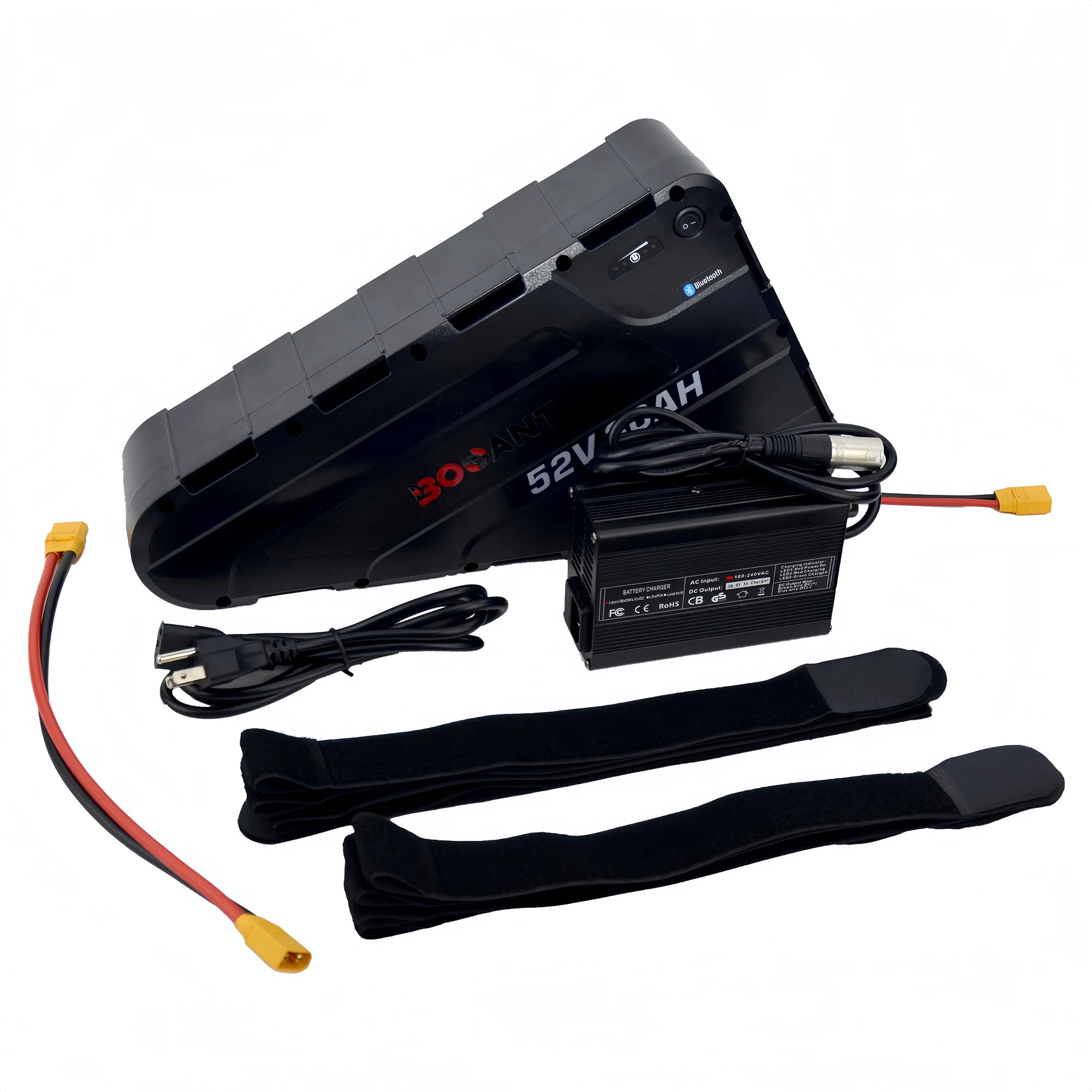BOOANT 52V 30Ah triangle eBike battery complete kit package contents including 58.8V 5A fast charger, AC power cable, XT90 discharge extension wire, and heavy-duty frame mounting straps