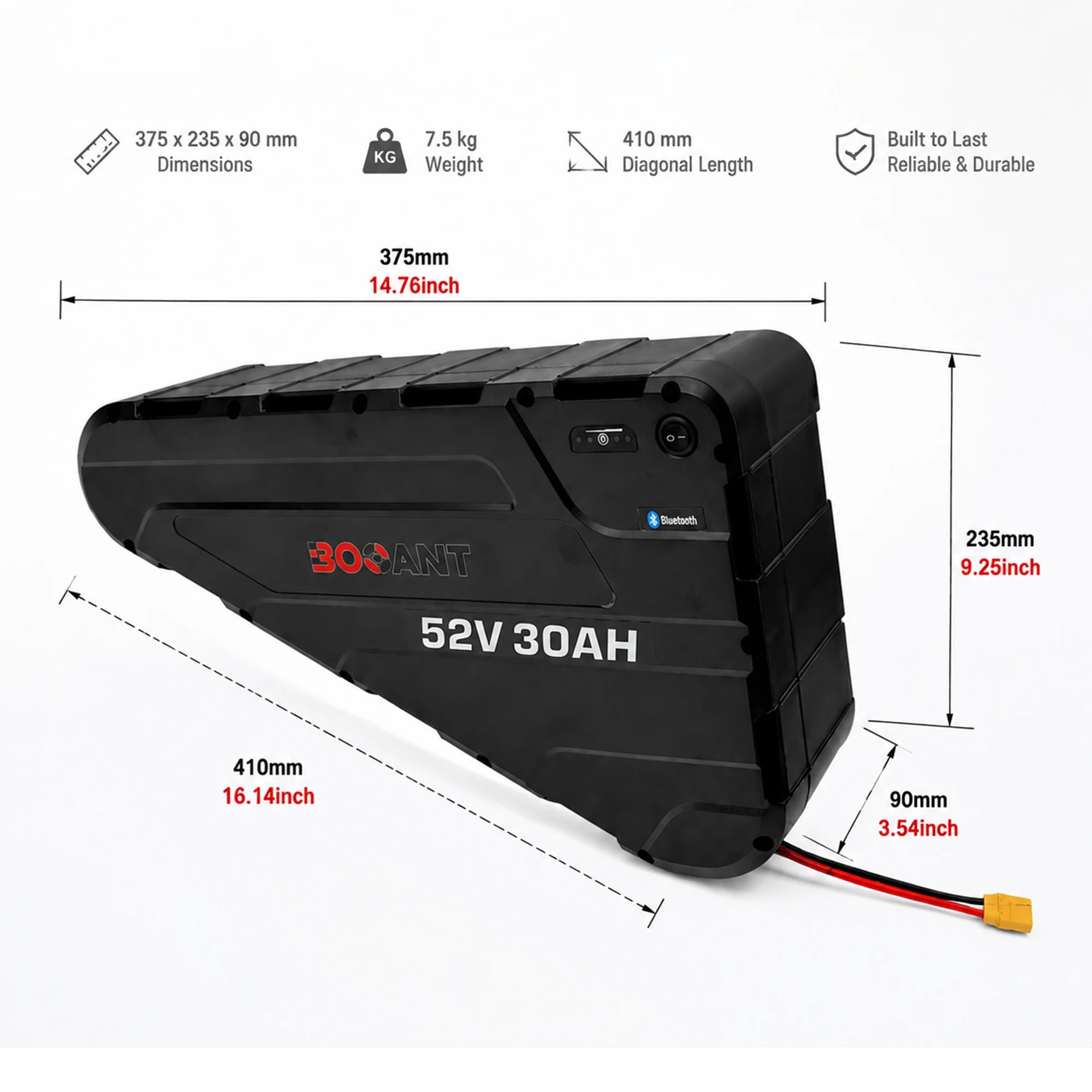 BOOANT 52V 30Ah hardcase triangle eBike battery size chart and dimensions diagram showing 375mm length, 235mm height, 410mm diagonal, 90mm thickness, and 7.5kg weight