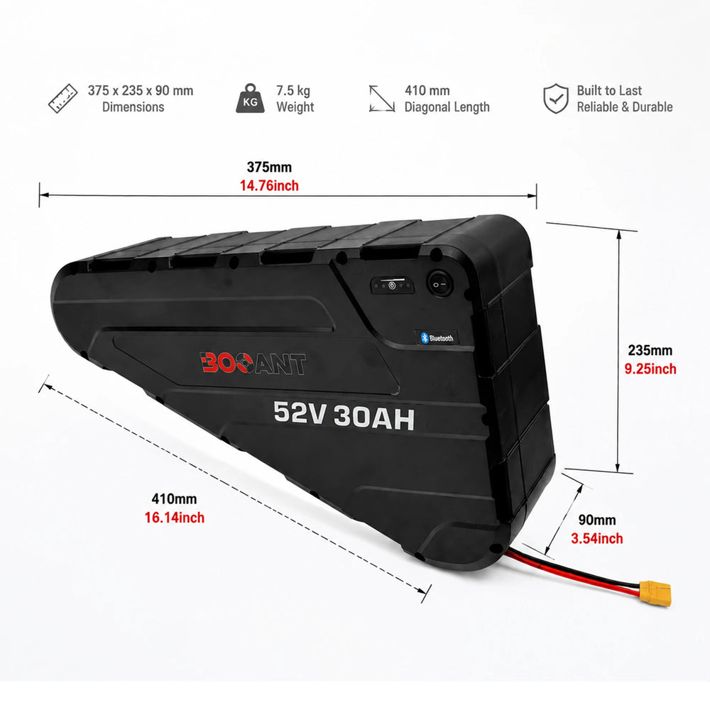 BOOANT 52V 30Ah hardcase triangle eBike battery size chart and dimensions diagram showing 375mm length, 235mm height, 410mm diagonal, 90mm thickness, and 7.5kg weight