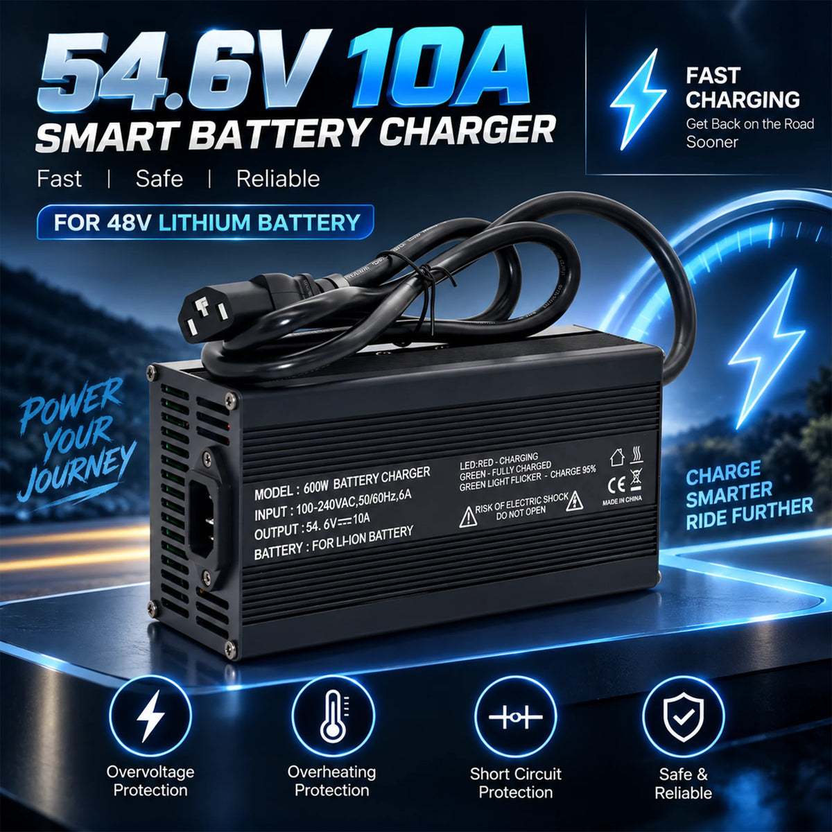BOOANT 54.6V 10A smart charger included with the 48V 50Ah battery, fan-cooled aluminum case with LED charge indicator