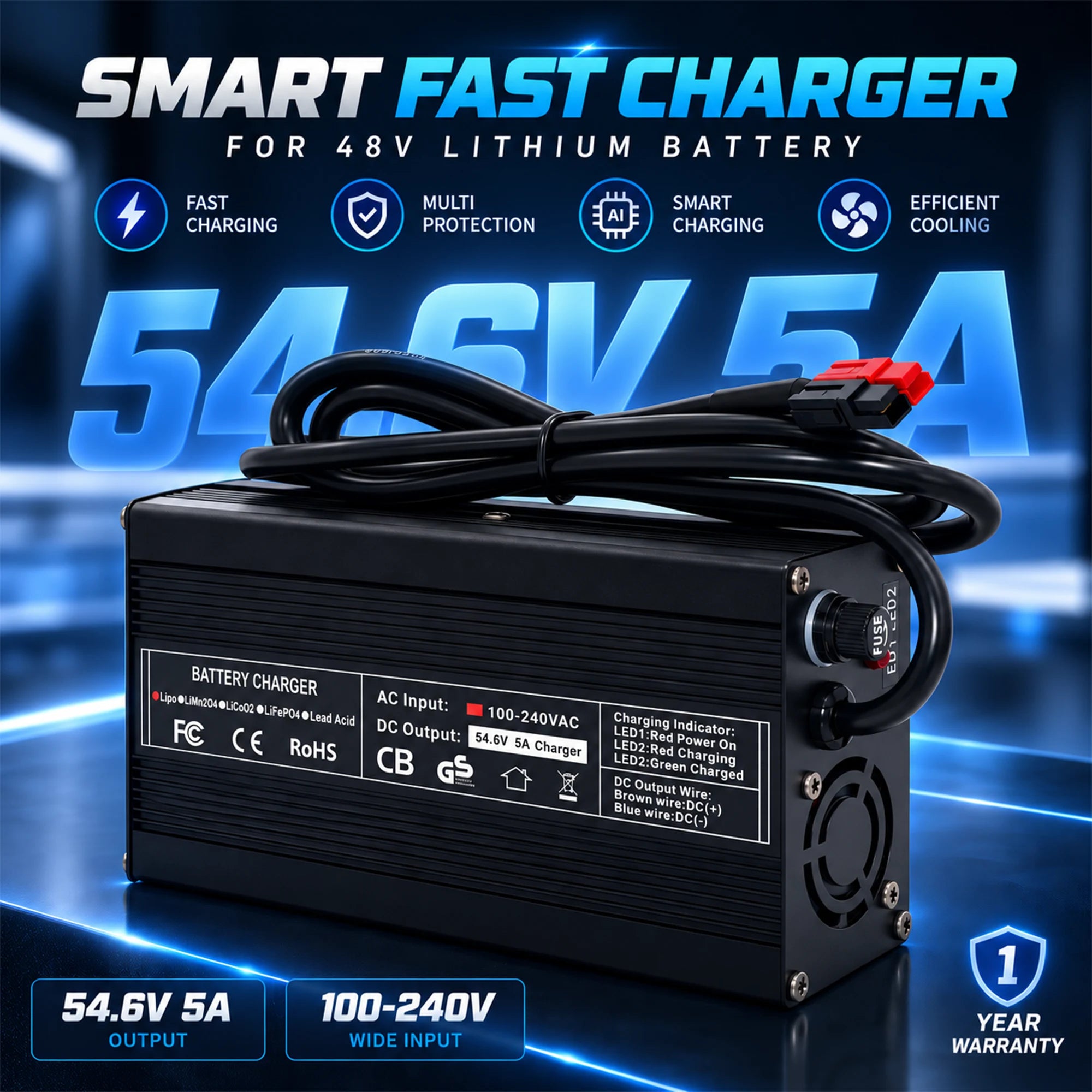 BOOANT 54.6V 5A smart fast charger for 48V lithium battery with aluminum cooling body, dual fuse protection, and 100-240V wide AC input.