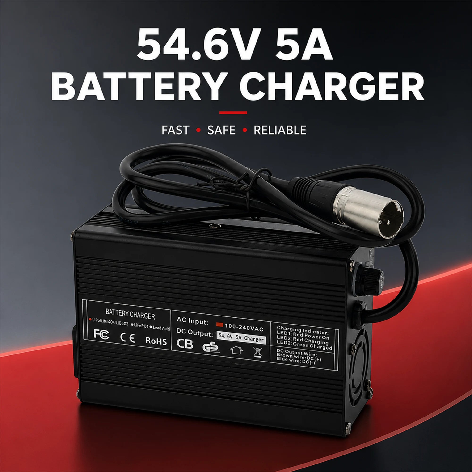 BOOANT 54.6V 5A smart fast battery charger with black aluminum alloy shell, 3-pin XLR plug, cooling fan, and safety certification label for 48V lithium ebike batteries.