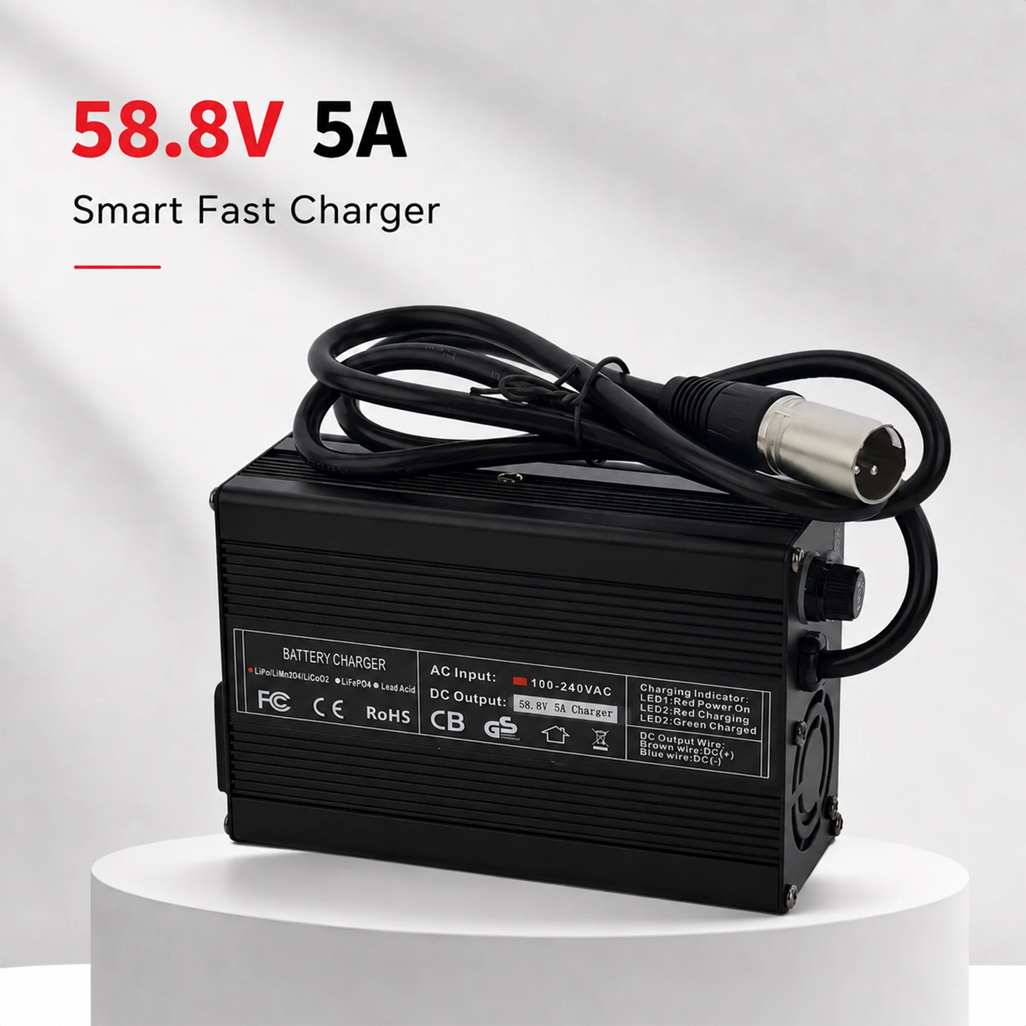 BOOANT 58.8V 5A aluminum case smart fast charger for 52V triangle lithium battery with active cooling fan and XLR 3-pin connector