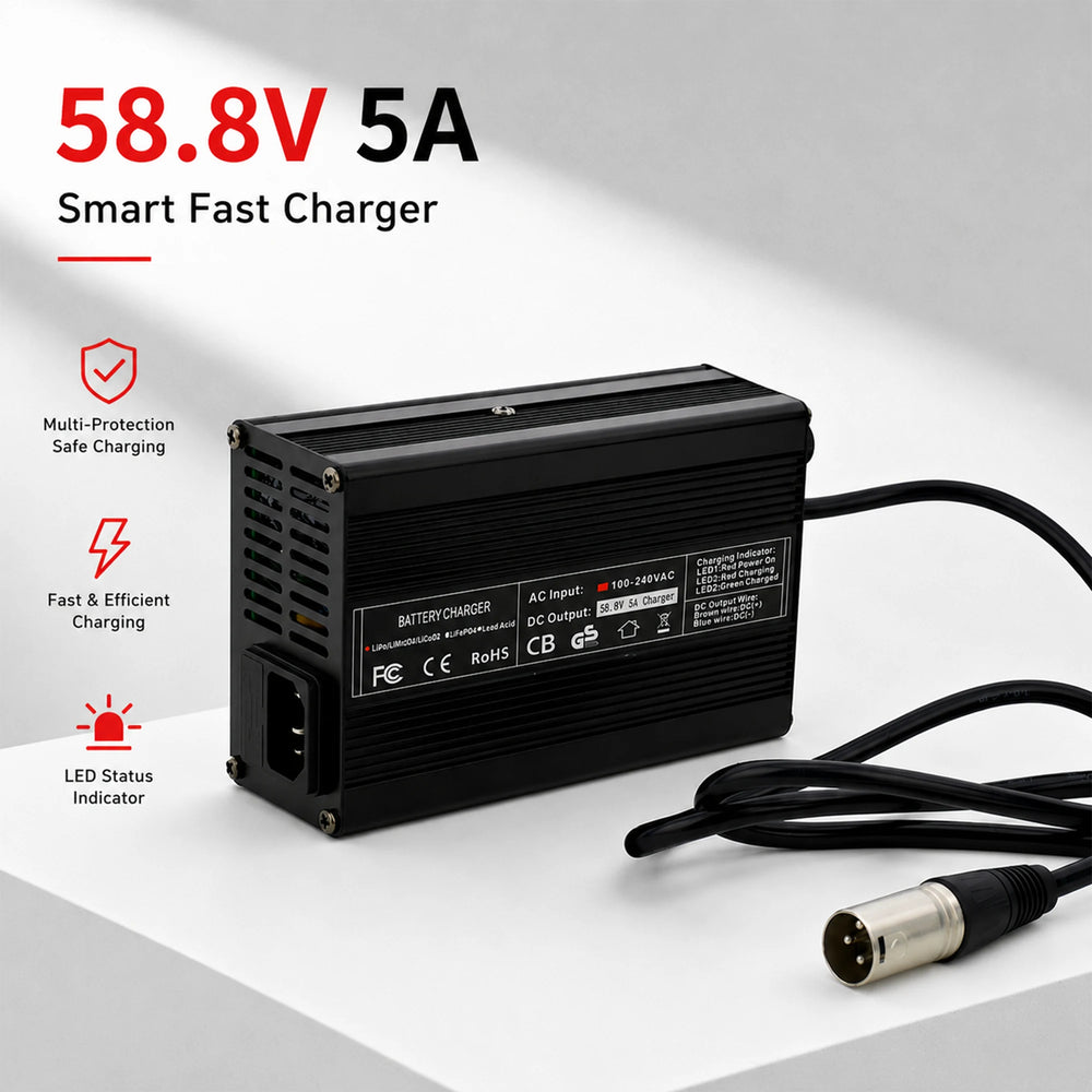 BOOANT 58.8V 5A smart fast lithium battery charger with heavy-duty black aluminum alloy casing, cooling fan vents, 3-pin XLR output connector, and LED status indicators.