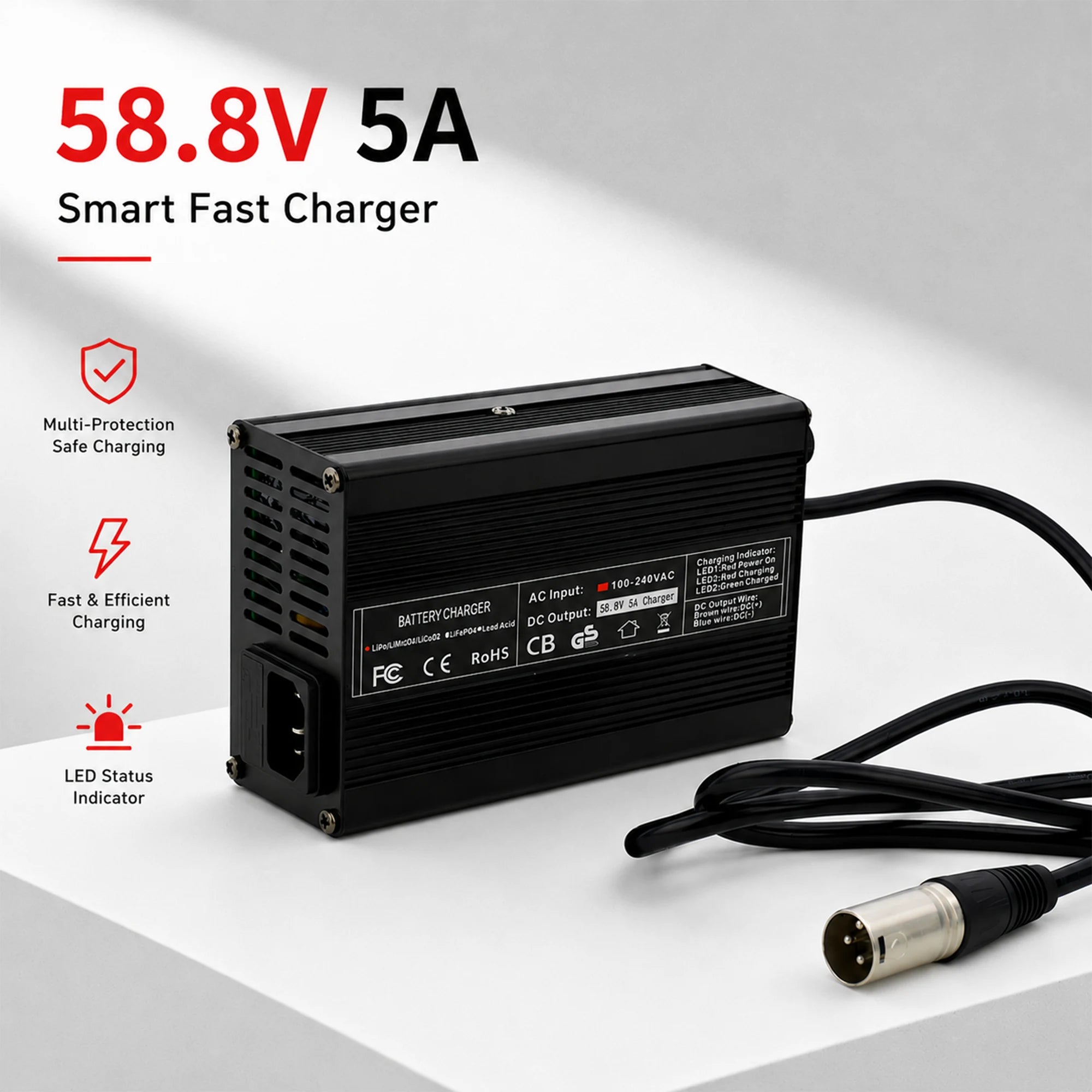 BOOANT 58.8V 5A smart fast lithium battery charger with heavy-duty black aluminum alloy casing, cooling fan vents, 3-pin XLR output connector, and LED status indicators.