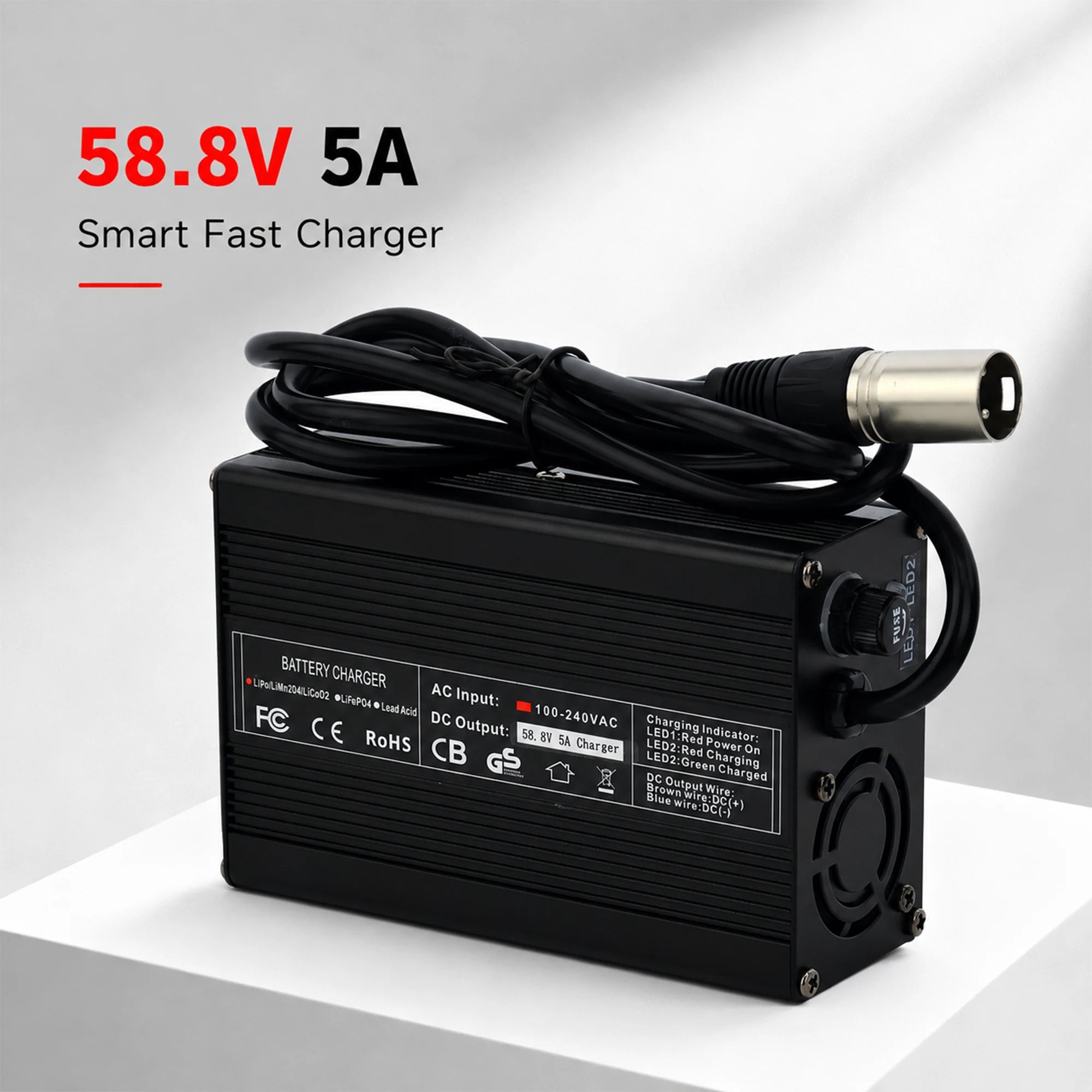 58.8V 5A aluminum shell smart fast charger for 52V lithium eBike battery with active cooling fan, XLR connector, and LED charging status indicators