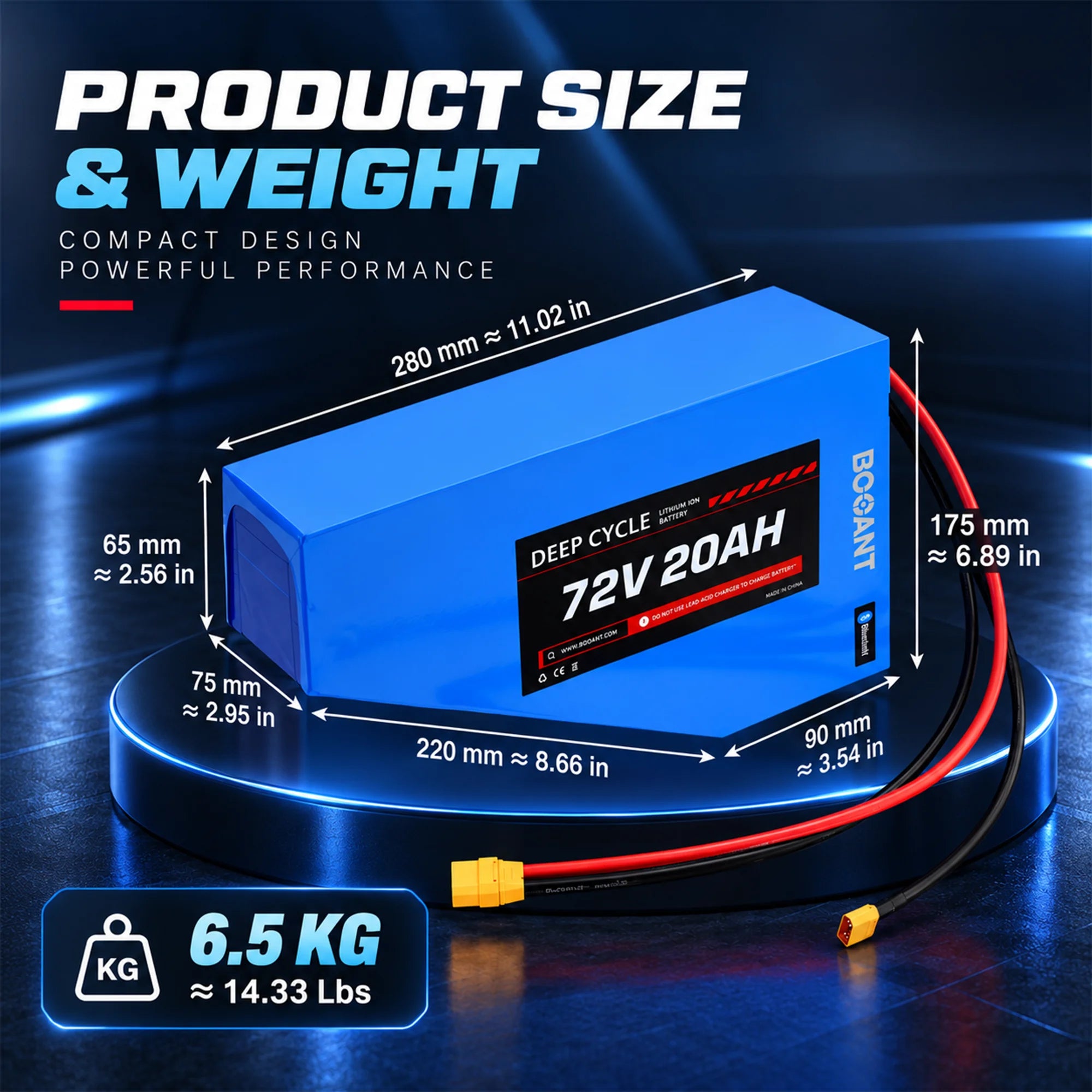 BOOANT 72V 20Ah triangle lithium ebike battery dimensions diagram and 6.5 kg weight chart in metric and imperial units.